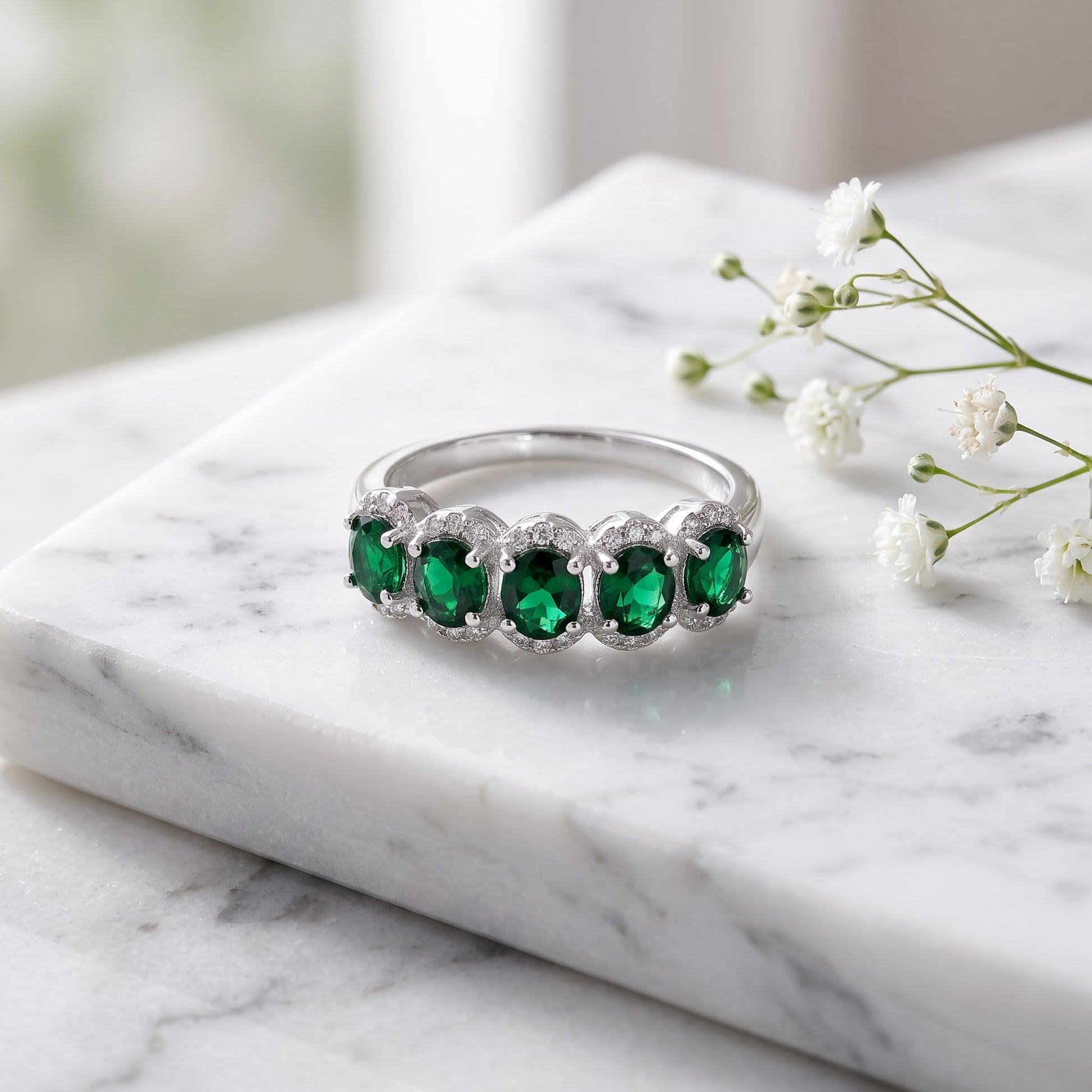 Sterling Silver Elegant Quintuple Oval Green CZ Ring for Women, Oval Cubic Zirconia, Promise Ring Gift view 1