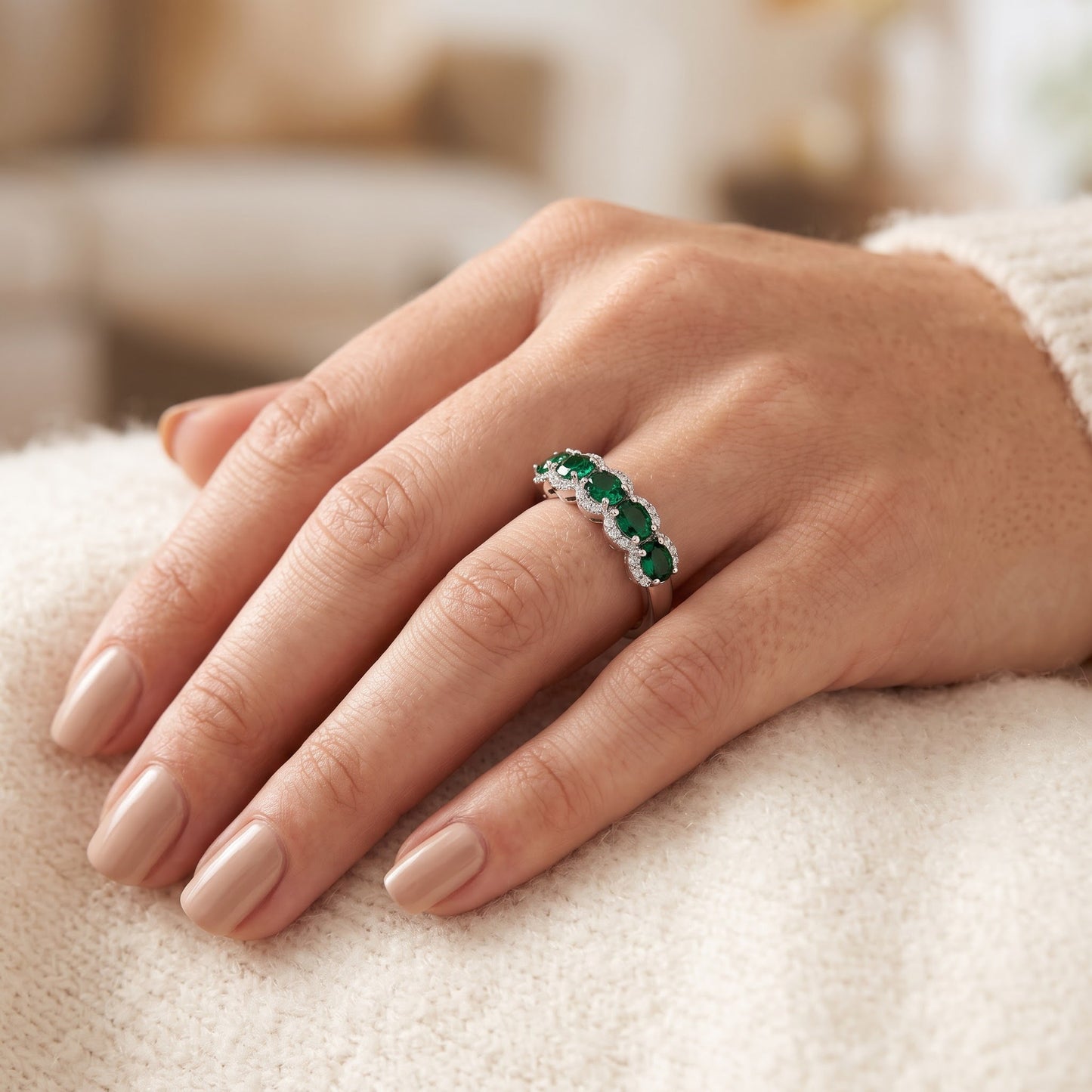 Sterling Silver Elegant Quintuple Oval Green CZ Ring for Women, Oval Cubic Zirconia, Promise Ring Gift view 5