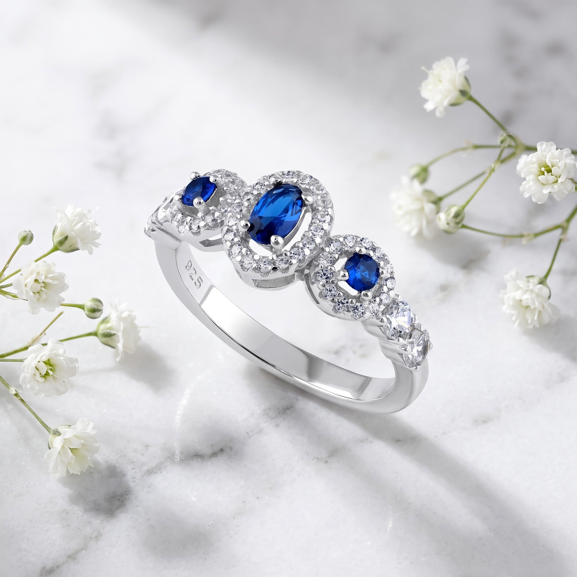 Sterling Silver Blue Sapphire Triple Halo CZ Ring for Women, Cubic Zirconia, Promise Ring Gift view 1