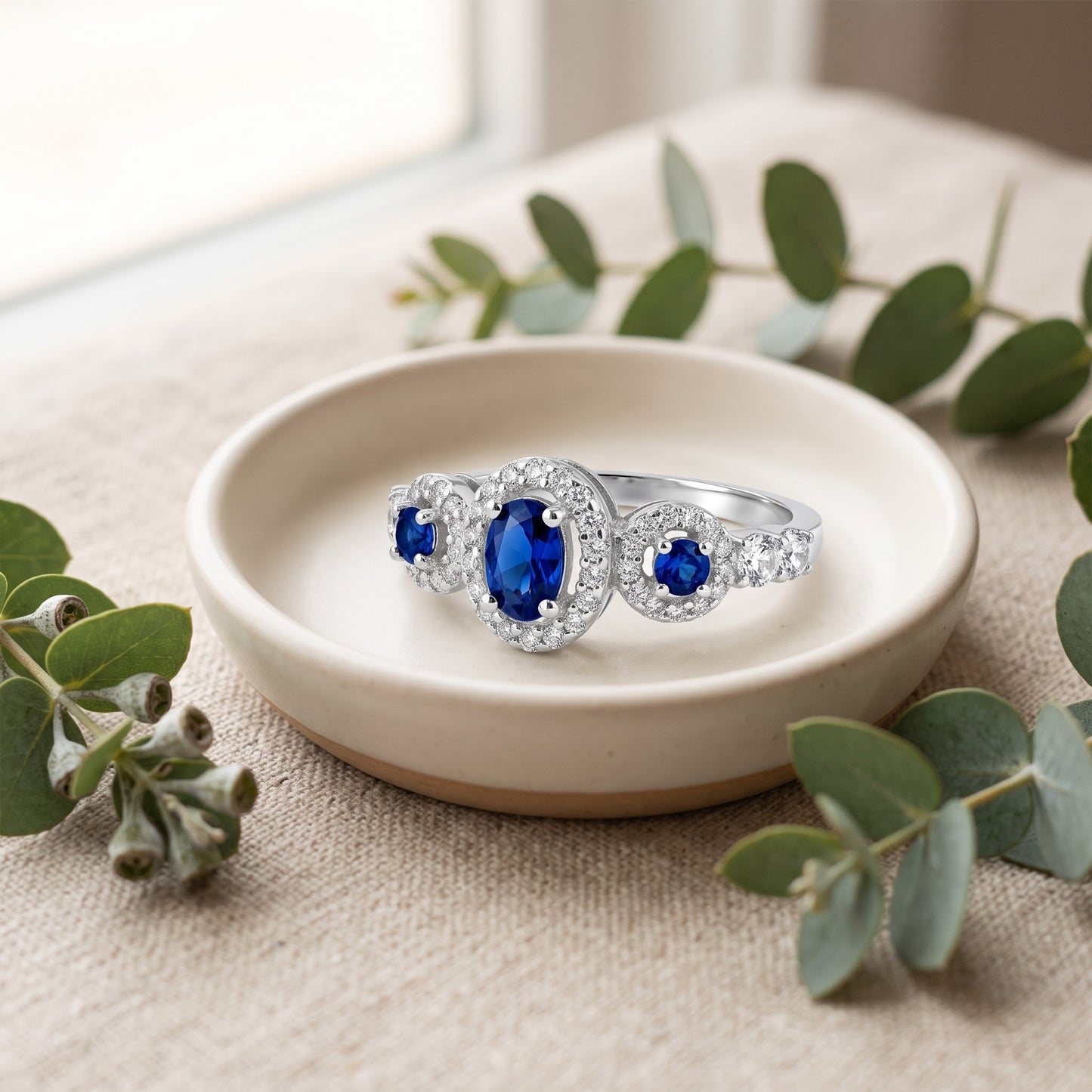 Sterling Silver Blue Sapphire Triple Halo CZ Ring for Women, Cubic Zirconia, Promise Ring Gift view 2