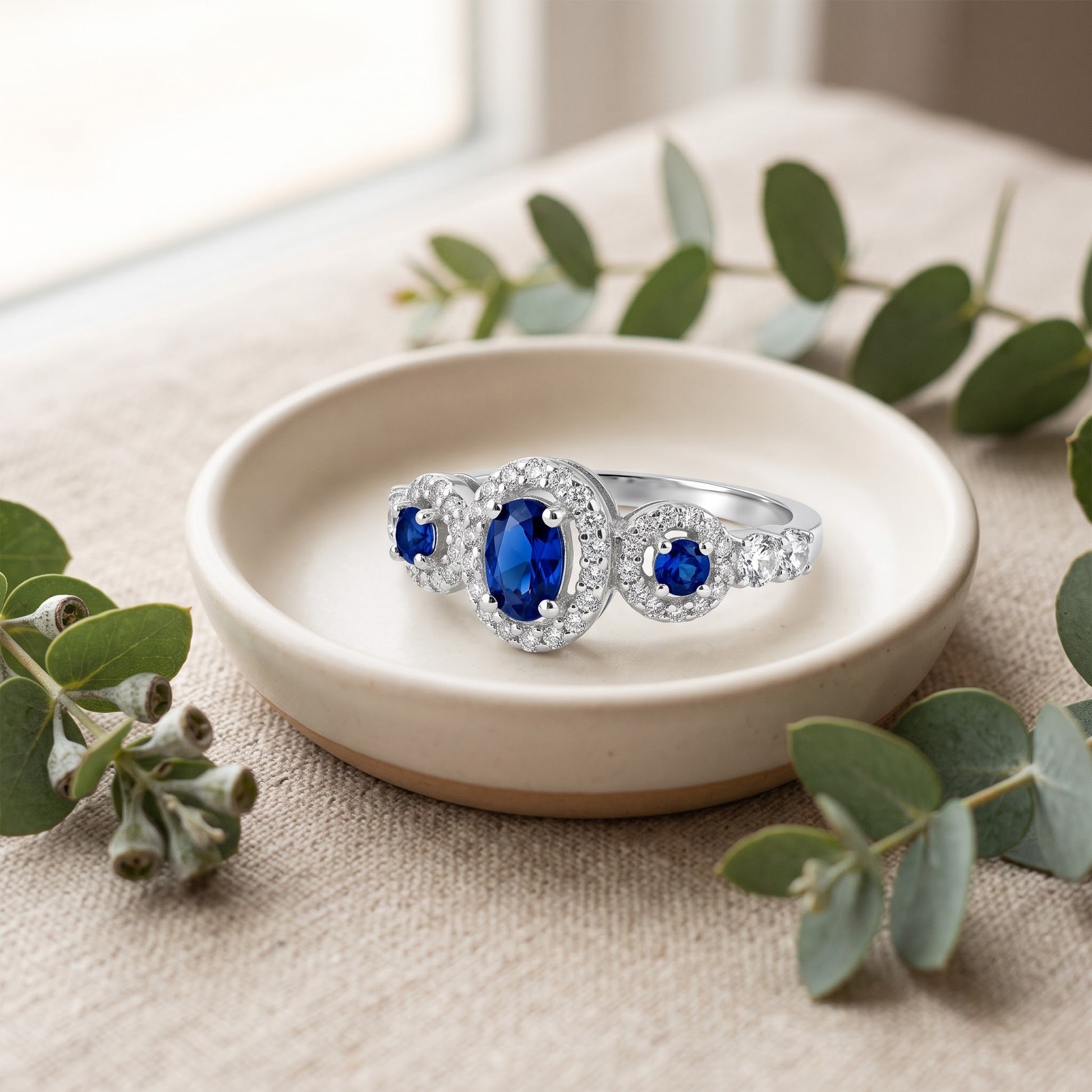 Sterling Silver Blue Sapphire Triple Halo CZ Ring for Women, Cubic Zirconia, Promise Ring Gift view 2