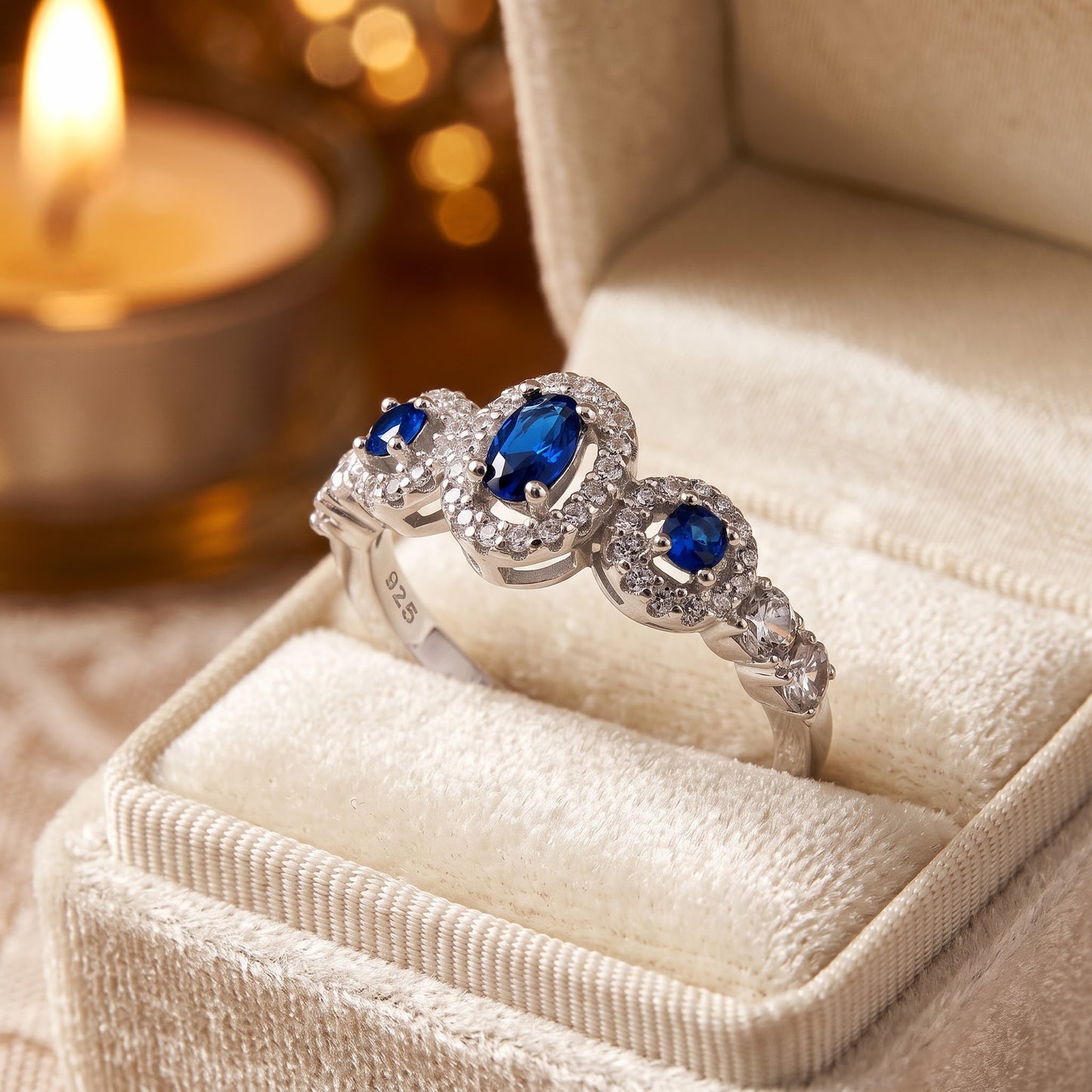Sterling Silver Blue Sapphire Triple Halo CZ Ring for Women, Cubic Zirconia, Promise Ring Gift view 3