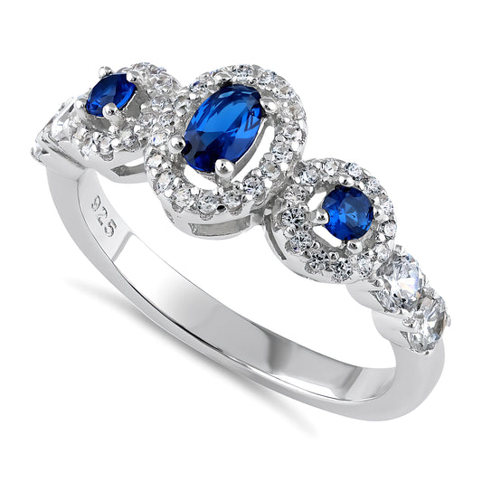 Sterling Silver Blue Sapphire Triple Halo CZ Ring for Women, Cubic Zirconia, Promise Ring Gift