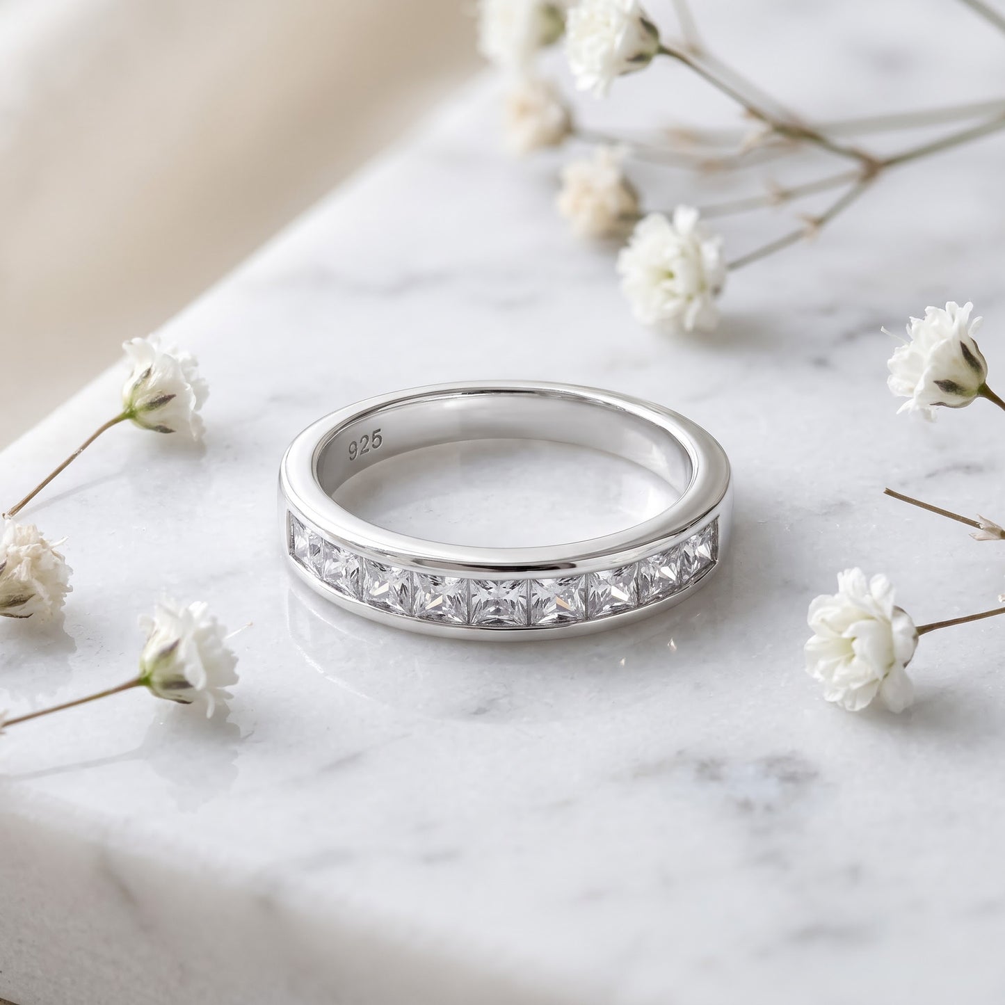 Sterling Silver Half Eternity Princess Cut CZ Band Ring for Women, Princess Cubic Zirconia, Promise Ring Gift view 1