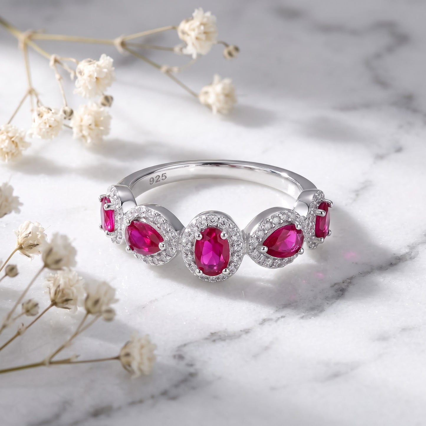 Sterling Silver Half Eternity Pear & Oval Halo Ruby & Clear CZ Ring for Women, Pear Cubic Zirconia, Promise Ring Gift view 1