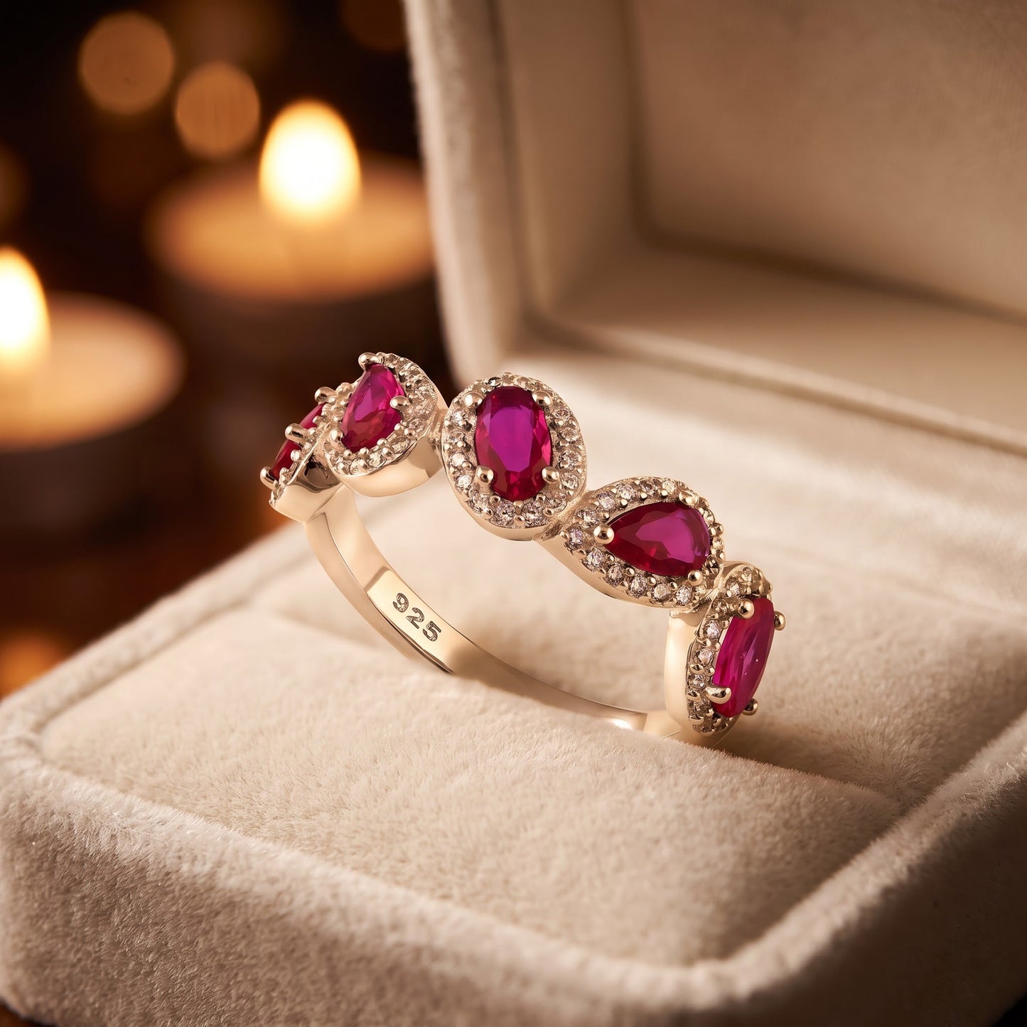 Sterling Silver Half Eternity Pear & Oval Halo Ruby & Clear CZ Ring for Women, Pear Cubic Zirconia, Promise Ring Gift view 3