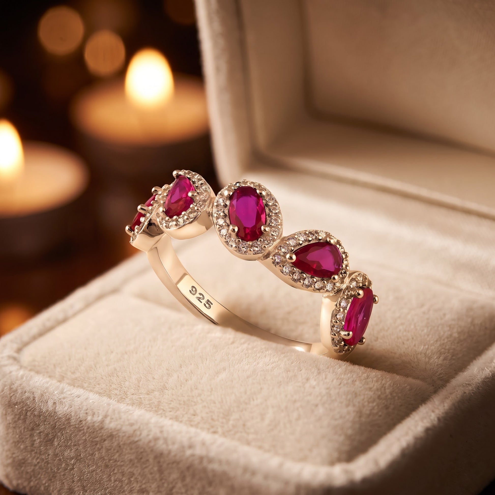Sterling Silver Half Eternity Pear & Oval Halo Ruby & Clear CZ Ring for Women, Pear Cubic Zirconia, Promise Ring Gift view 3