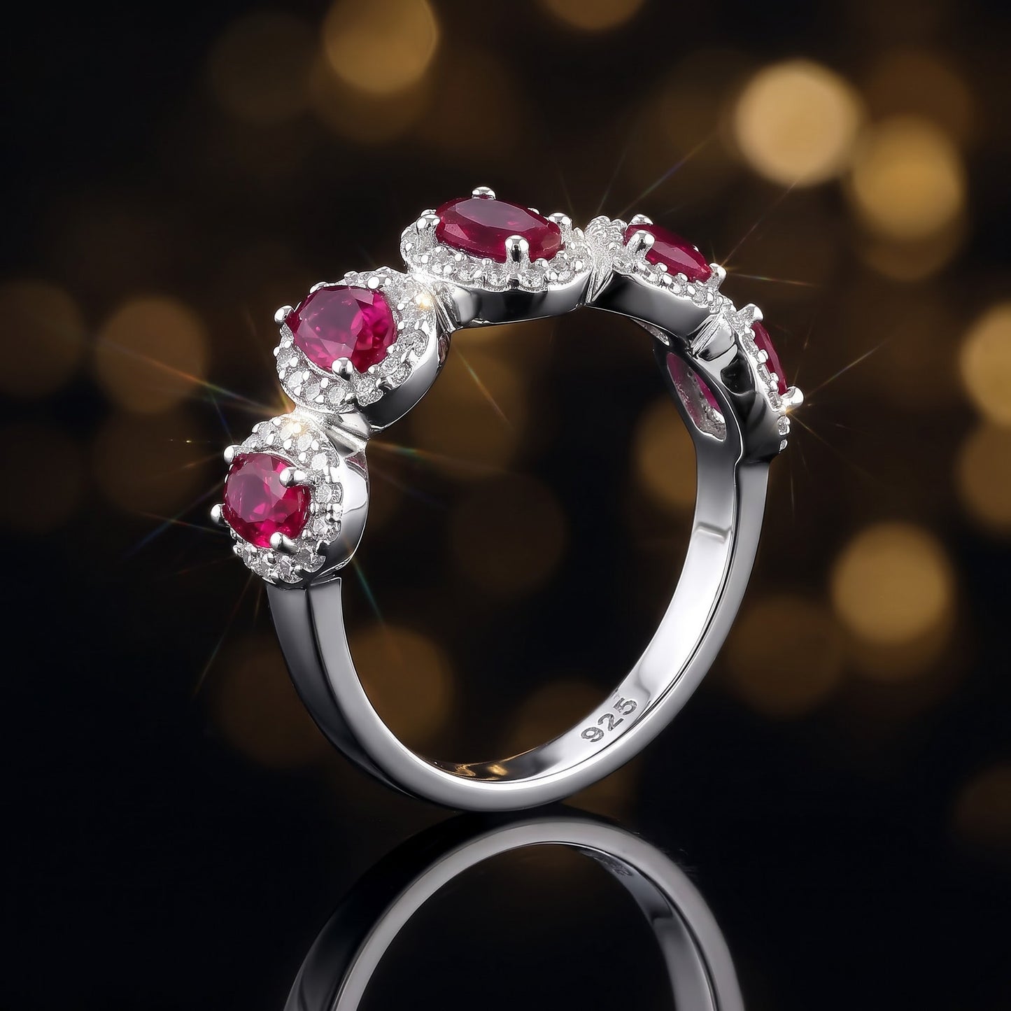 Sterling Silver Half Eternity Pear & Oval Halo Ruby & Clear CZ Ring for Women, Pear Cubic Zirconia, Promise Ring Gift view 4
