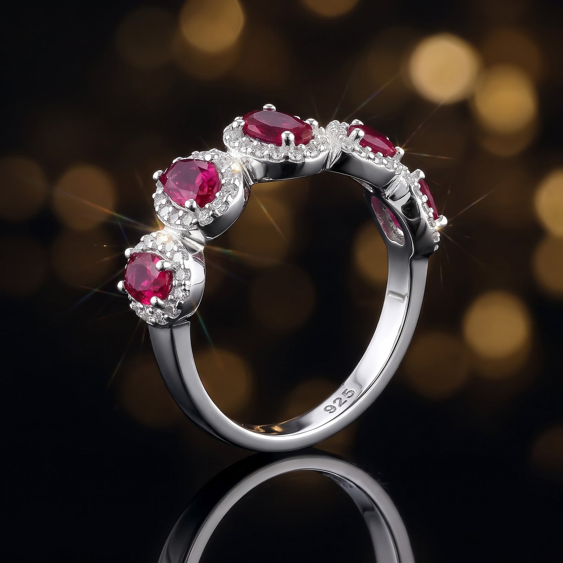 Sterling Silver Half Eternity Pear & Oval Halo Ruby & Clear CZ Ring for Women, Pear Cubic Zirconia, Promise Ring Gift view 4