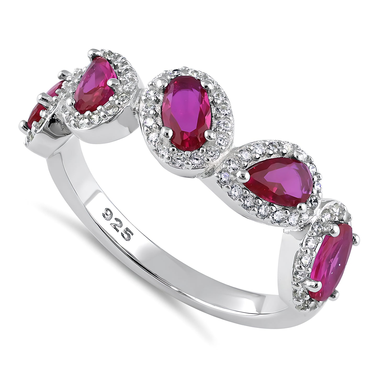 Sterling Silver Half Eternity Pear & Oval Halo Ruby & Clear CZ Ring for Women, Pear Cubic Zirconia, Promise Ring Gift