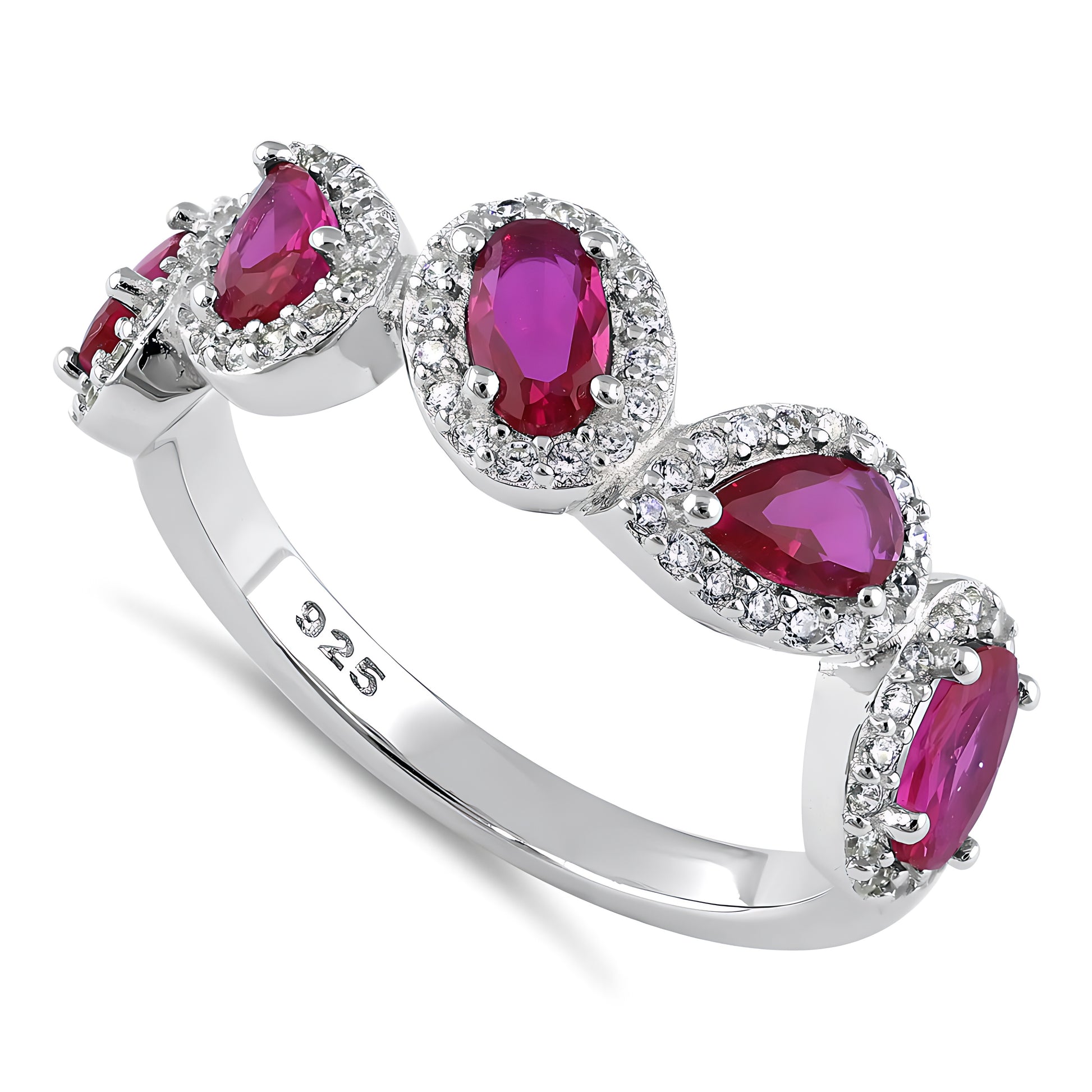 Sterling Silver Half Eternity Pear & Oval Halo Ruby & Clear CZ Ring for Women, Pear Cubic Zirconia, Promise Ring Gift
