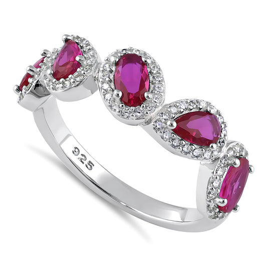 Sterling Silver Half Eternity Pear & Oval Halo Ruby & Clear CZ Ring for Women, Pear Cubic Zirconia, Promise Ring Gift