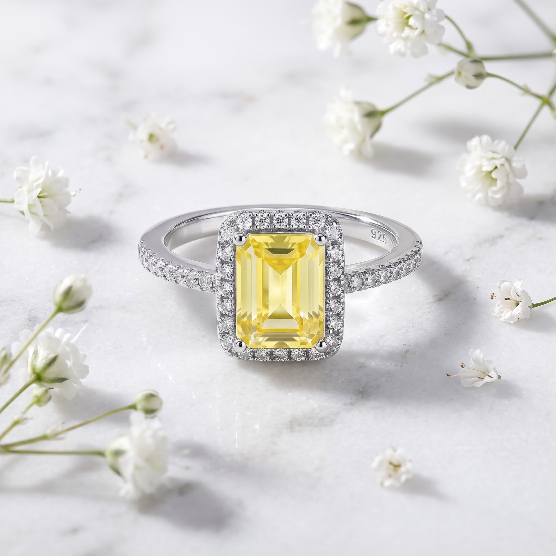 Sterling Silver Emerald Halo Yellow & Clear CZ Ring for Women, Emerald Cubic Zirconia, Promise Ring Gift view 1