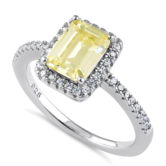 Sterling Silver Emerald Halo Yellow & Clear CZ Ring for Women, Emerald Cubic Zirconia, Promise Ring Gift