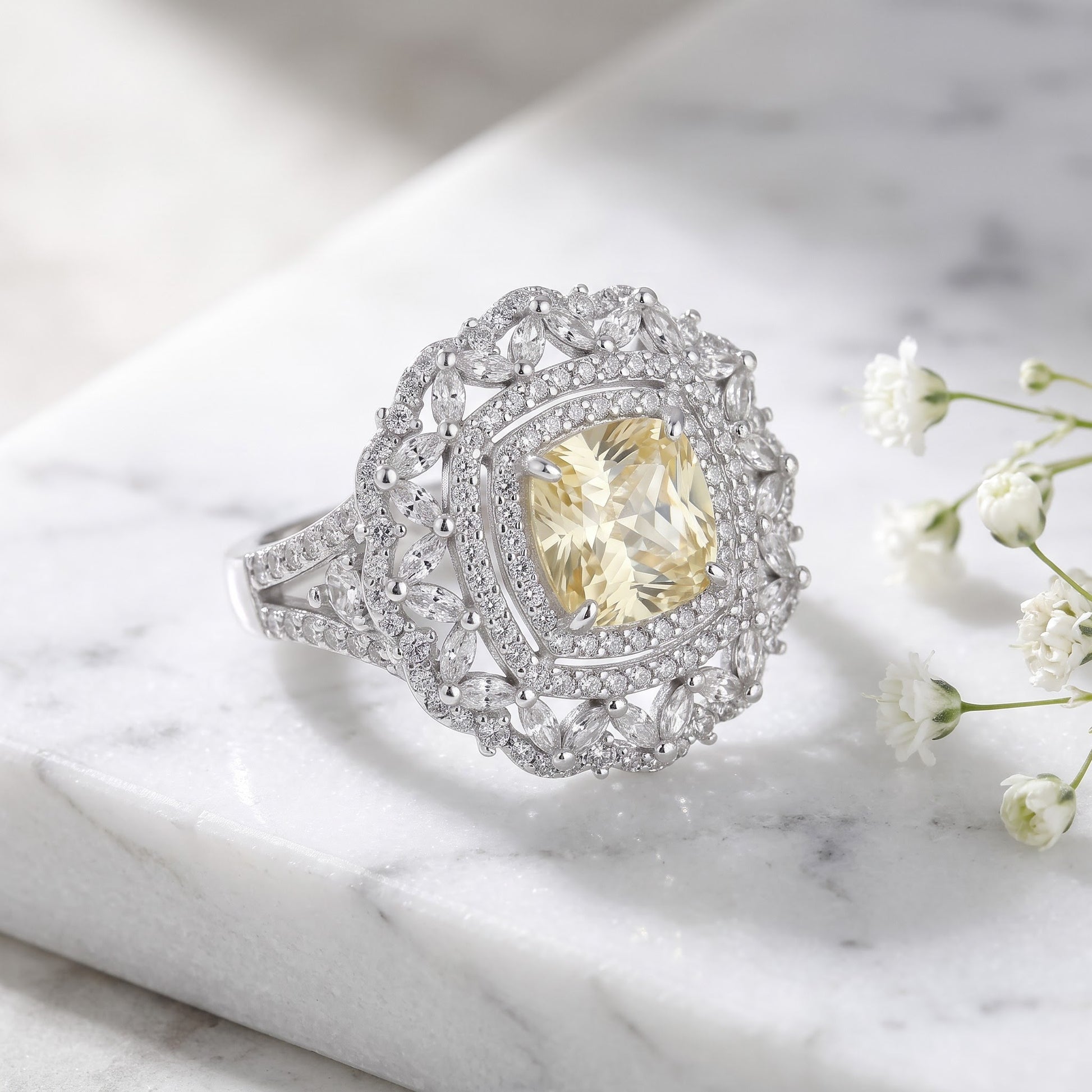 Sterling Silver Large Yellow Cushion Vintage Floral CZ Ring for Women, Cushion Cubic Zirconia, Promise Ring Gift view 1