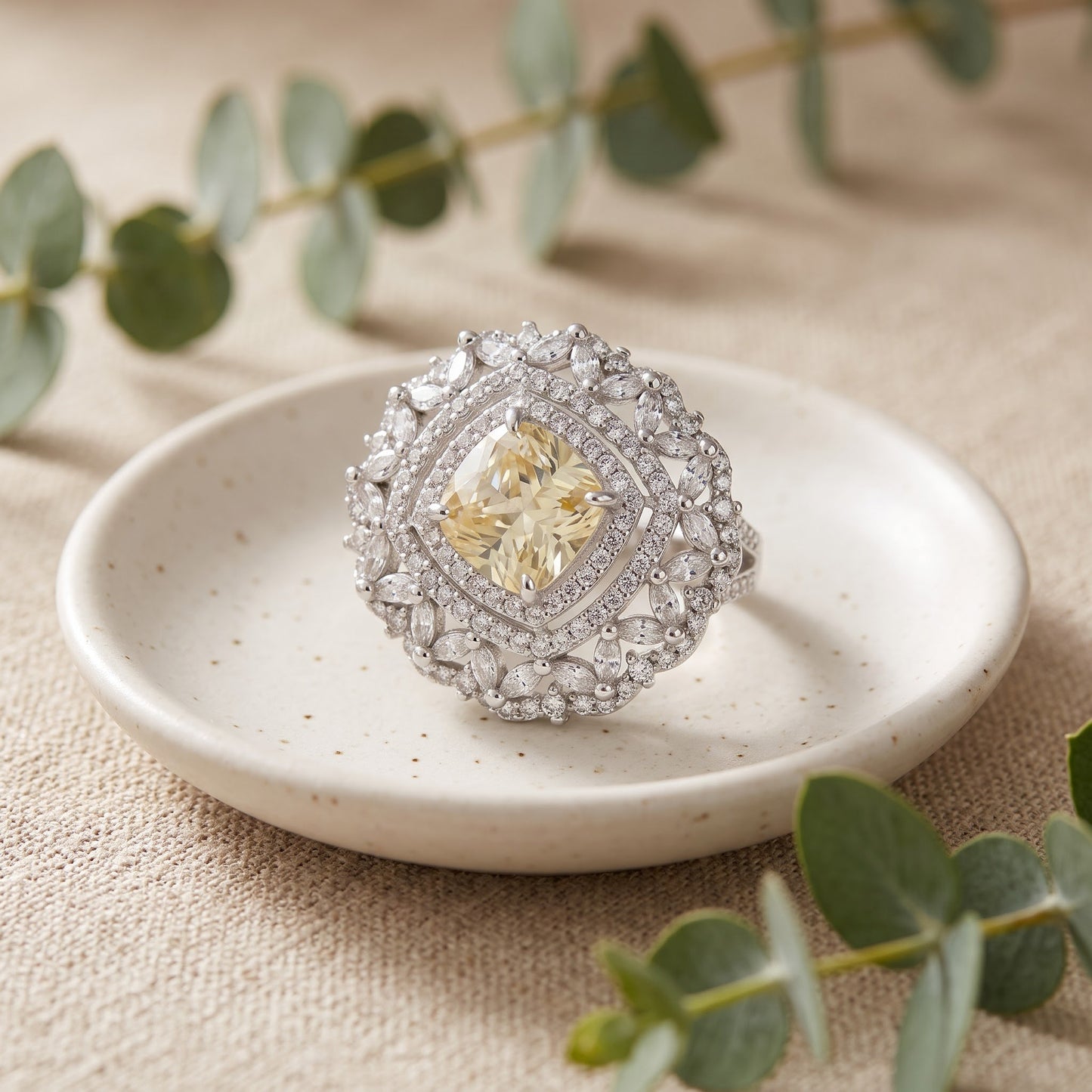 Sterling Silver Large Yellow Cushion Vintage Floral CZ Ring for Women, Cushion Cubic Zirconia, Promise Ring Gift view 2