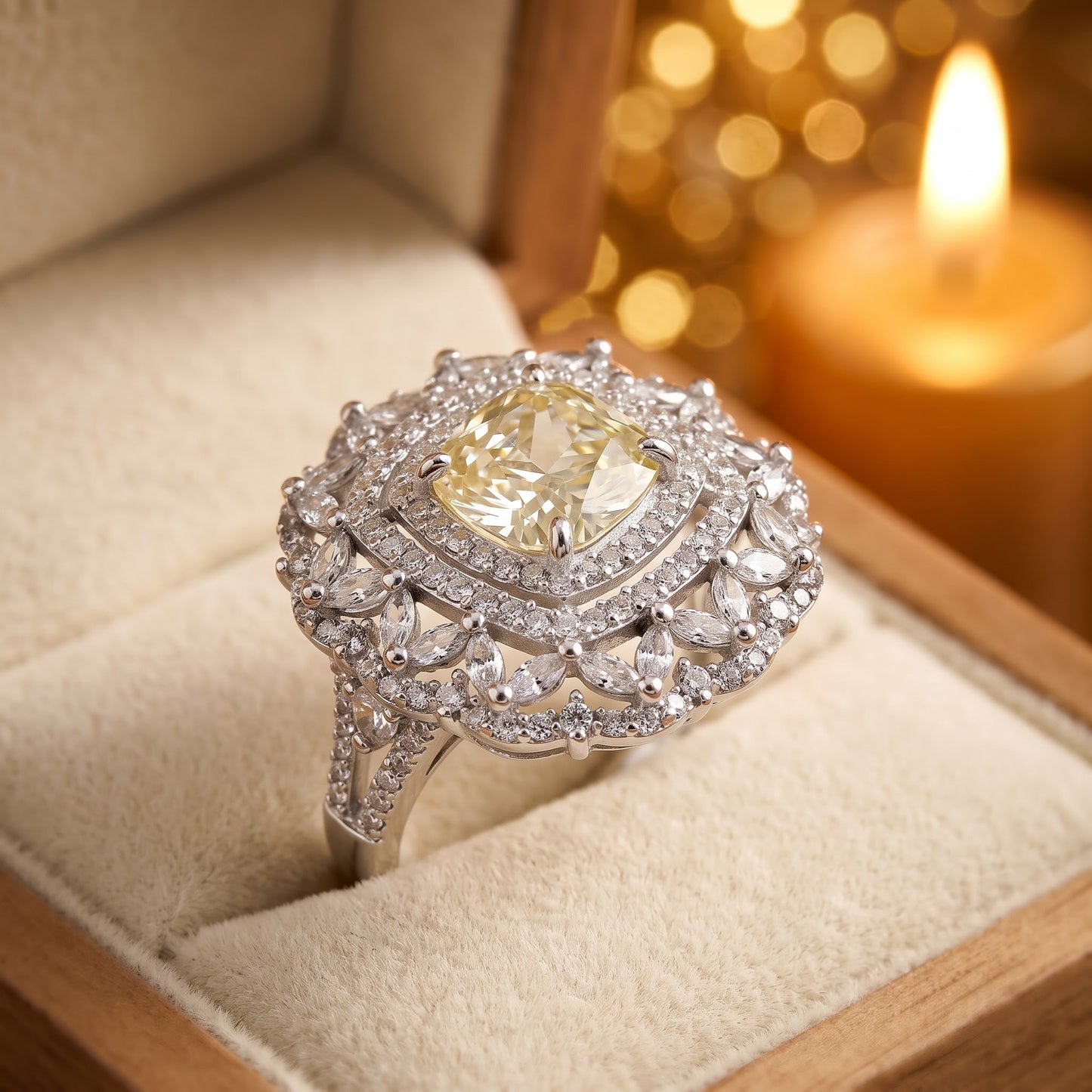Sterling Silver Large Yellow Cushion Vintage Floral CZ Ring for Women, Cushion Cubic Zirconia, Promise Ring Gift view 3
