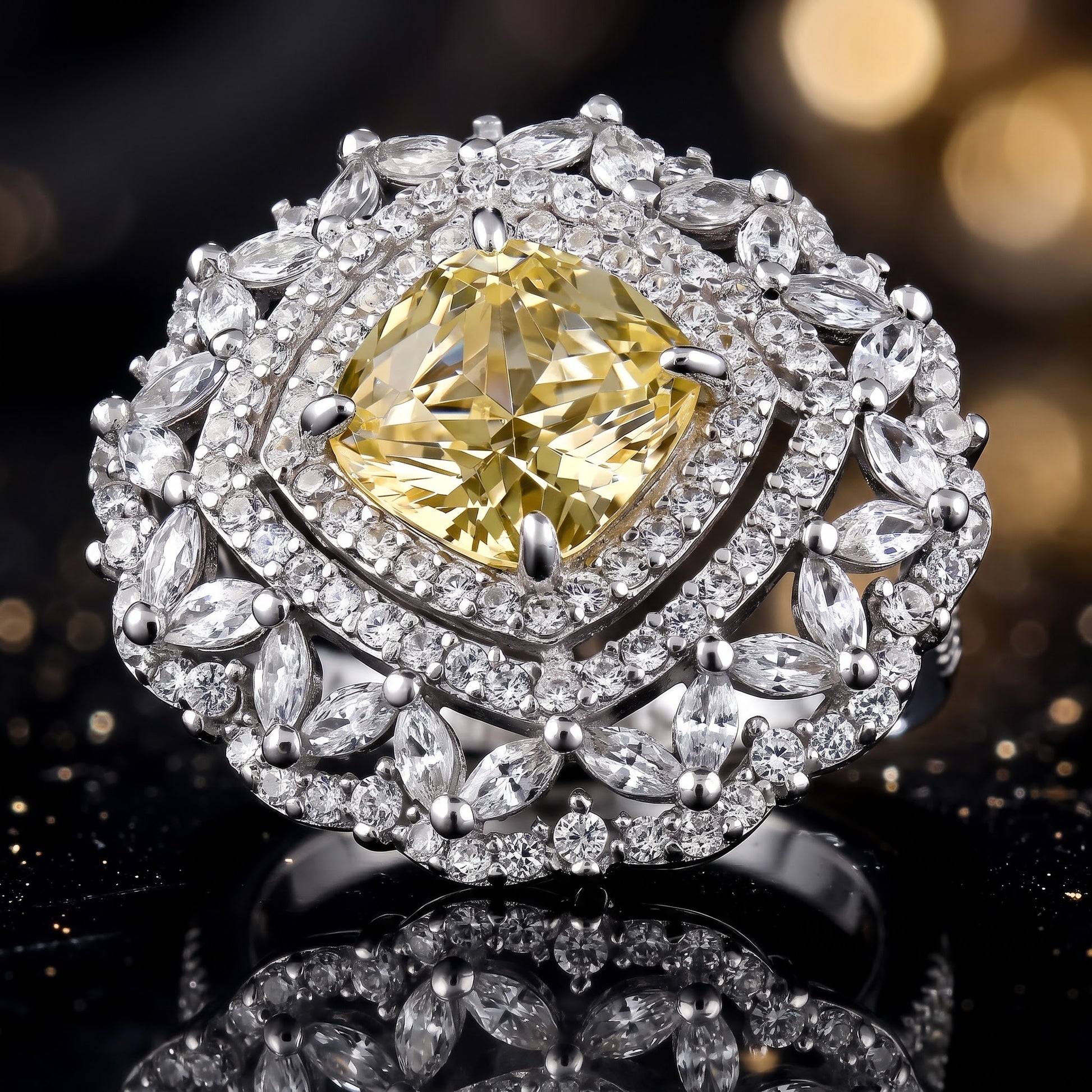Sterling Silver Large Yellow Cushion Vintage Floral CZ Ring for Women, Cushion Cubic Zirconia, Promise Ring Gift view 4