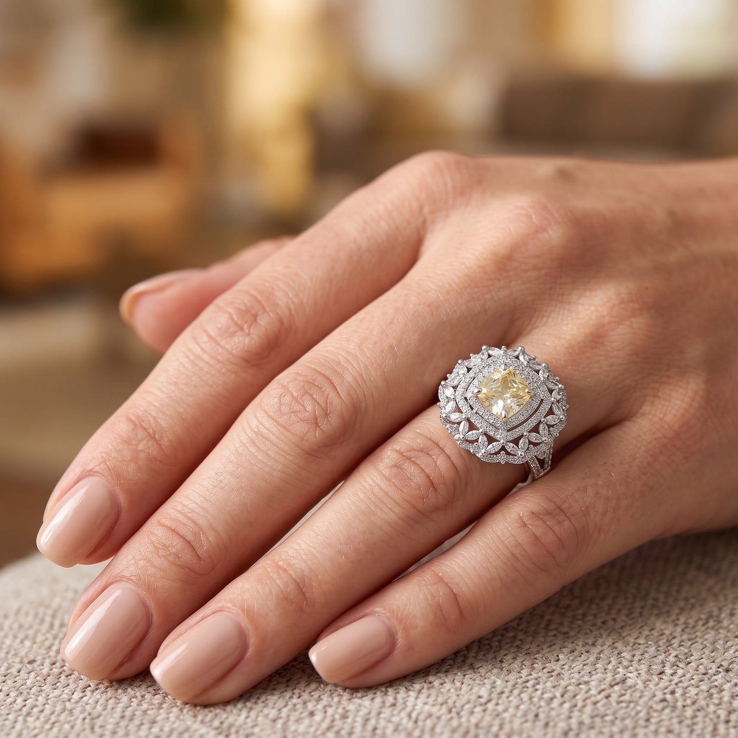 Sterling Silver Large Yellow Cushion Vintage Floral CZ Ring for Women, Cushion Cubic Zirconia, Promise Ring Gift view 5