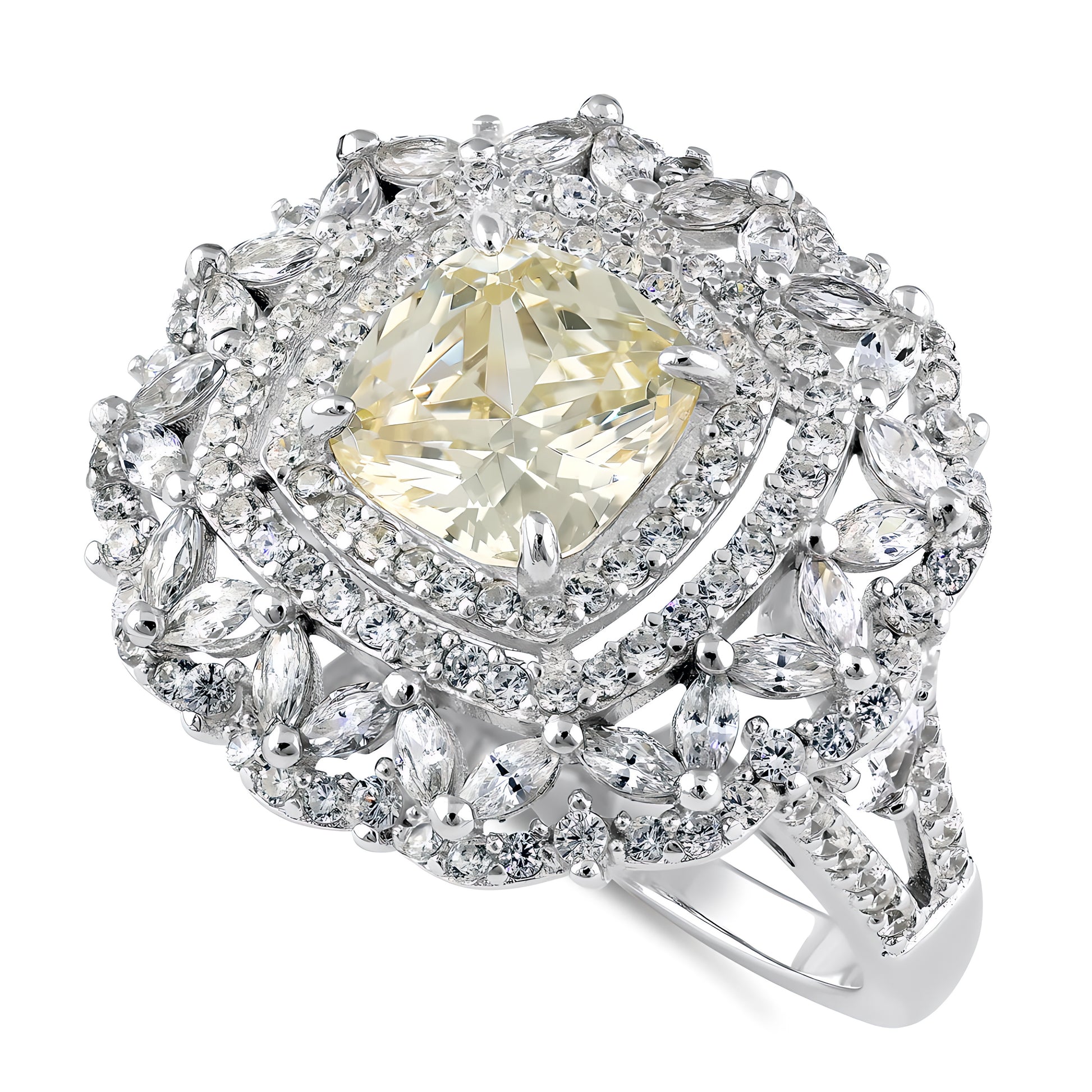 Sterling Silver Large Yellow Cushion Vintage Floral CZ Ring for Women, Cushion Cubic Zirconia, Promise Ring Gift
