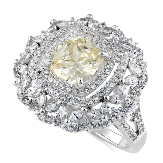 Sterling Silver Large Yellow Cushion Vintage Floral CZ Ring for Women, Cushion Cubic Zirconia, Promise Ring Gift