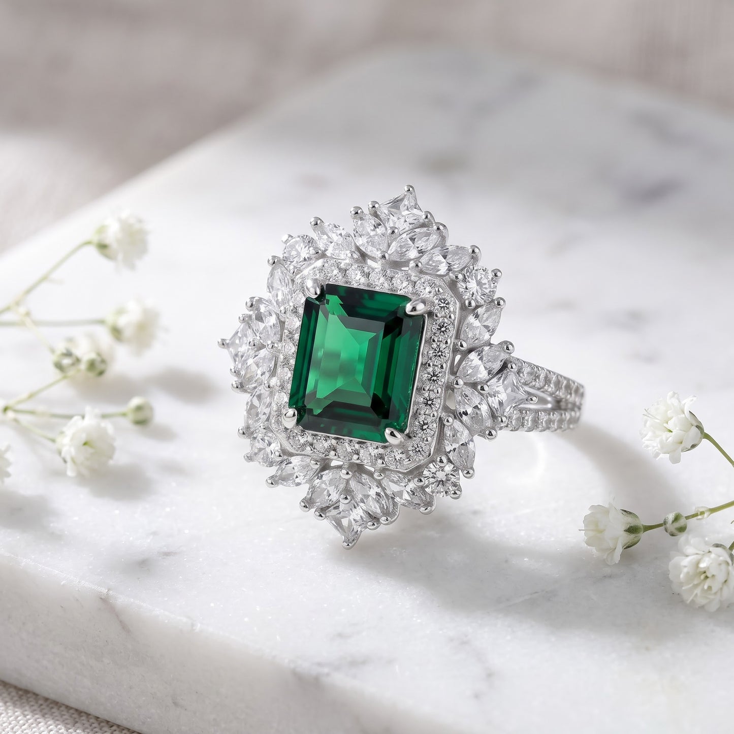 Sterling Silver Large Emerald Green Vintage Floral CZ Ring for Women, Emerald Cubic Zirconia, Promise Ring Gift view 1