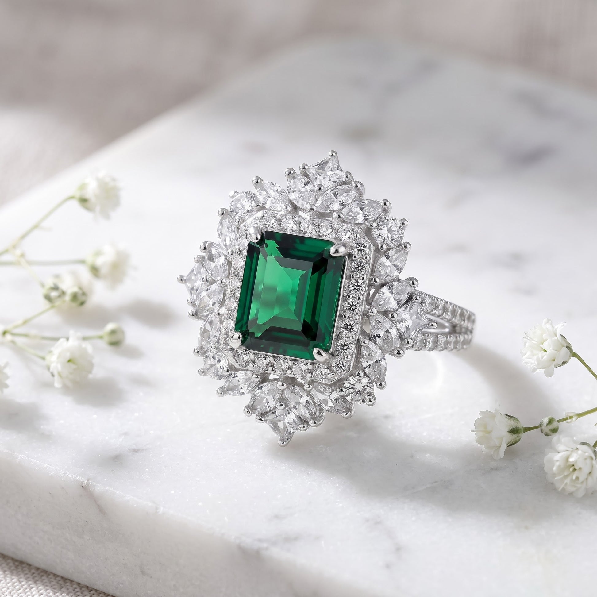 Sterling Silver Large Emerald Green Vintage Floral CZ Ring for Women, Emerald Cubic Zirconia, Promise Ring Gift view 1