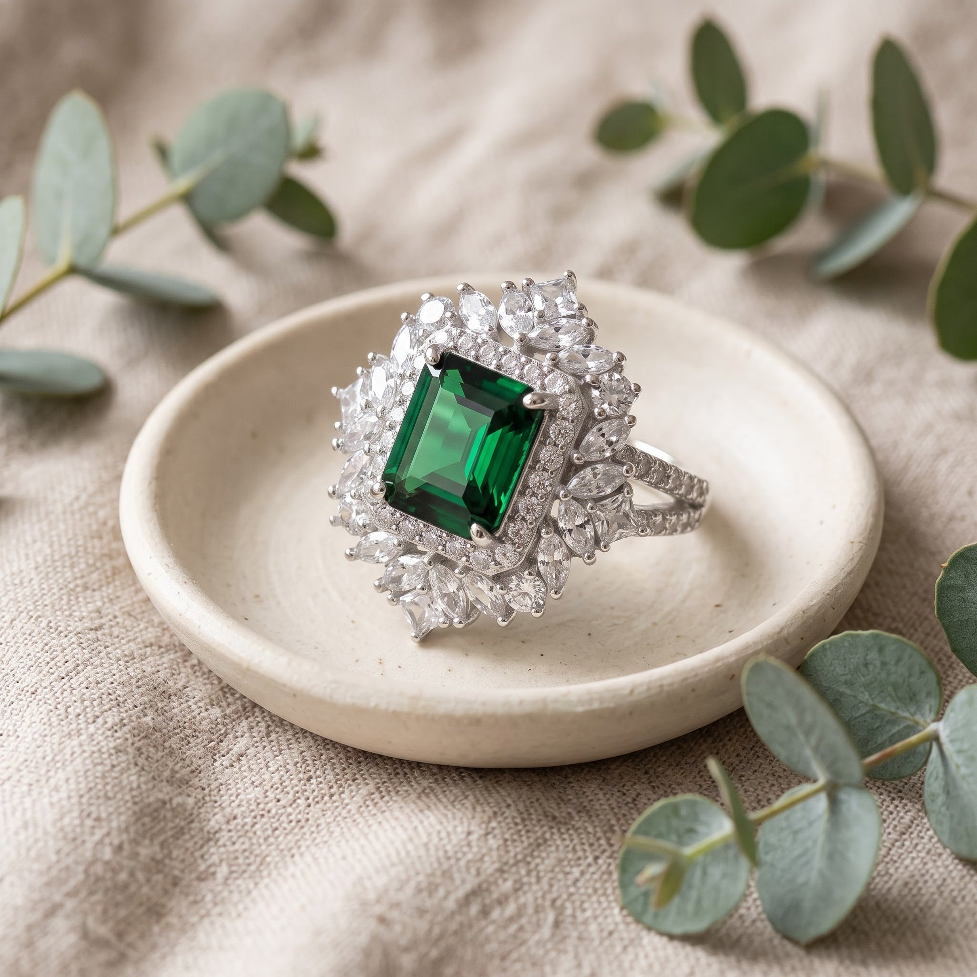 Sterling Silver Large Emerald Green Vintage Floral CZ Ring for Women, Emerald Cubic Zirconia, Promise Ring Gift view 2