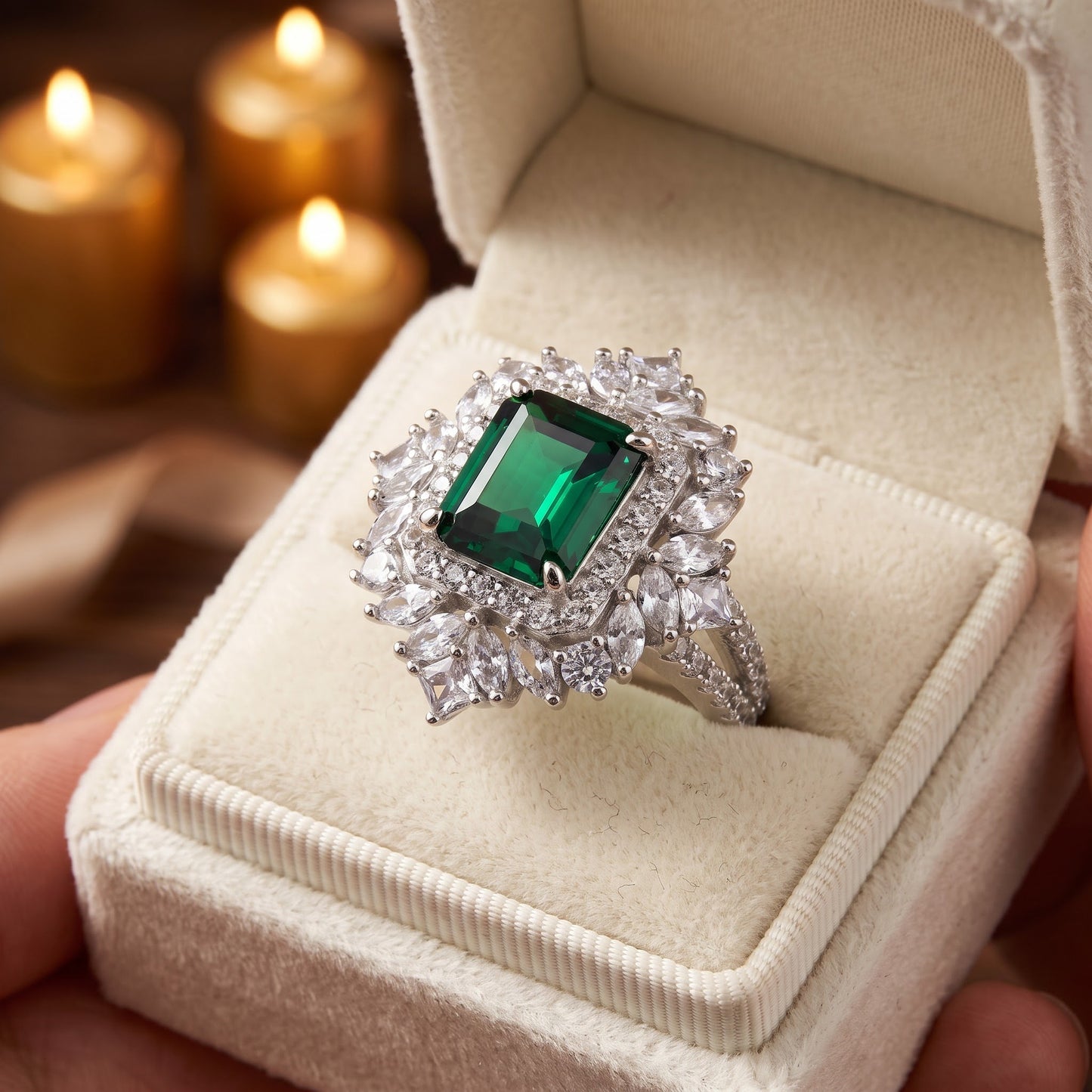 Sterling Silver Large Emerald Green Vintage Floral CZ Ring for Women, Emerald Cubic Zirconia, Promise Ring Gift view 3