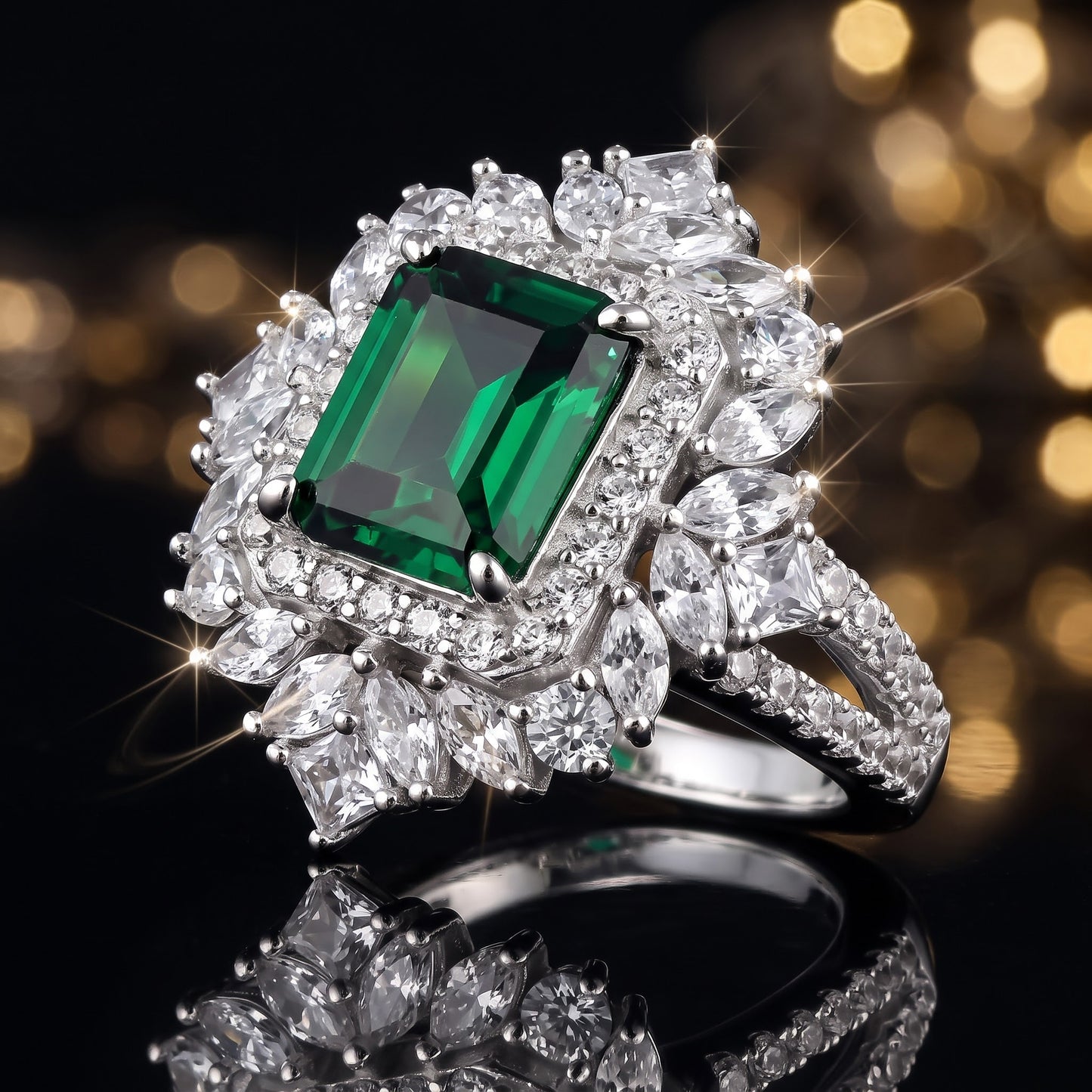 Sterling Silver Large Emerald Green Vintage Floral CZ Ring for Women, Emerald Cubic Zirconia, Promise Ring Gift view 4