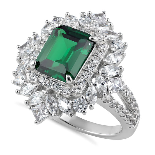 Sterling Silver Large Emerald Green Vintage Floral CZ Ring for Women, Emerald Cubic Zirconia, Promise Ring Gift
