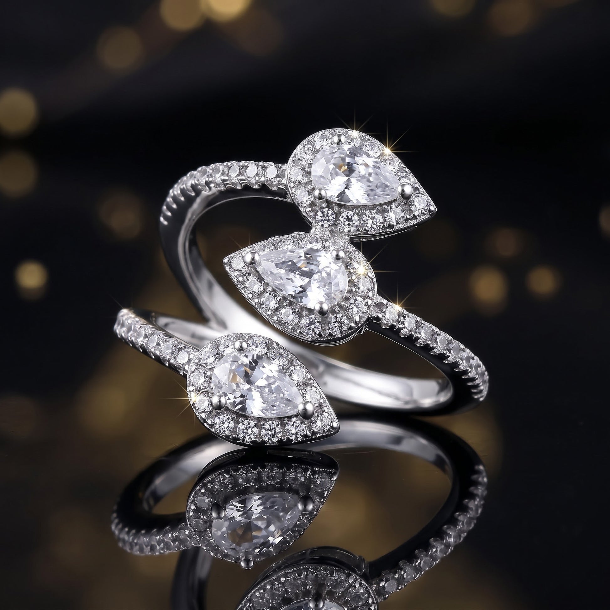 Sterling Silver Triple Pear Halo Wrap CZ Ring for Women, Pear Cubic Zirconia, Promise Ring Gift view 4