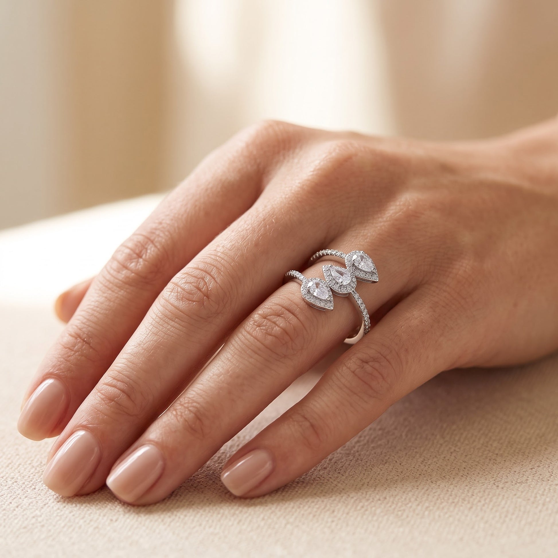 Sterling Silver Triple Pear Halo Wrap CZ Ring for Women, Pear Cubic Zirconia, Promise Ring Gift view 5