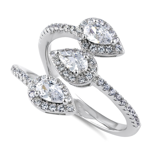Sterling Silver Triple Pear Halo Wrap CZ Ring for Women, Pear Cubic Zirconia, Promise Ring Gift