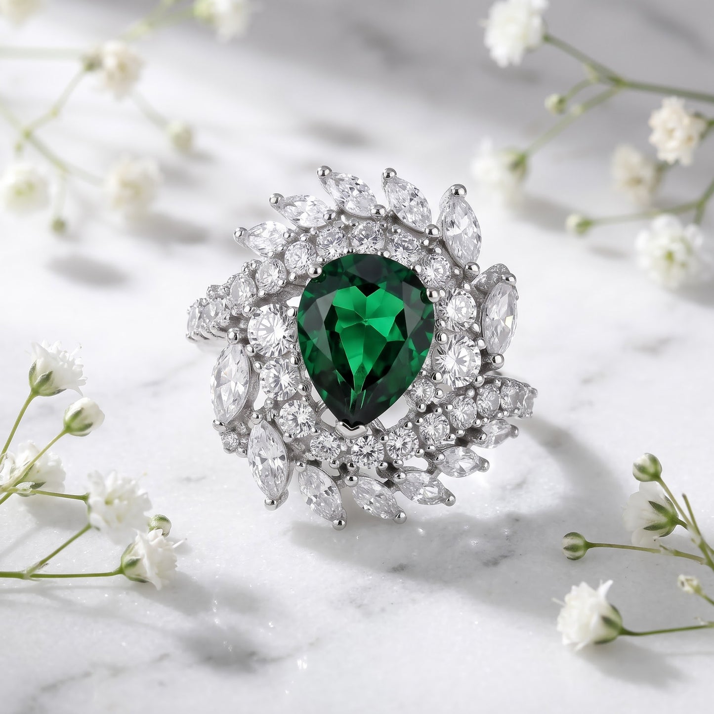 Sterling Silver Unique Emerald Pear Swirl CZ Ring for Women, Emerald Cubic Zirconia, Promise Ring Gift view 1