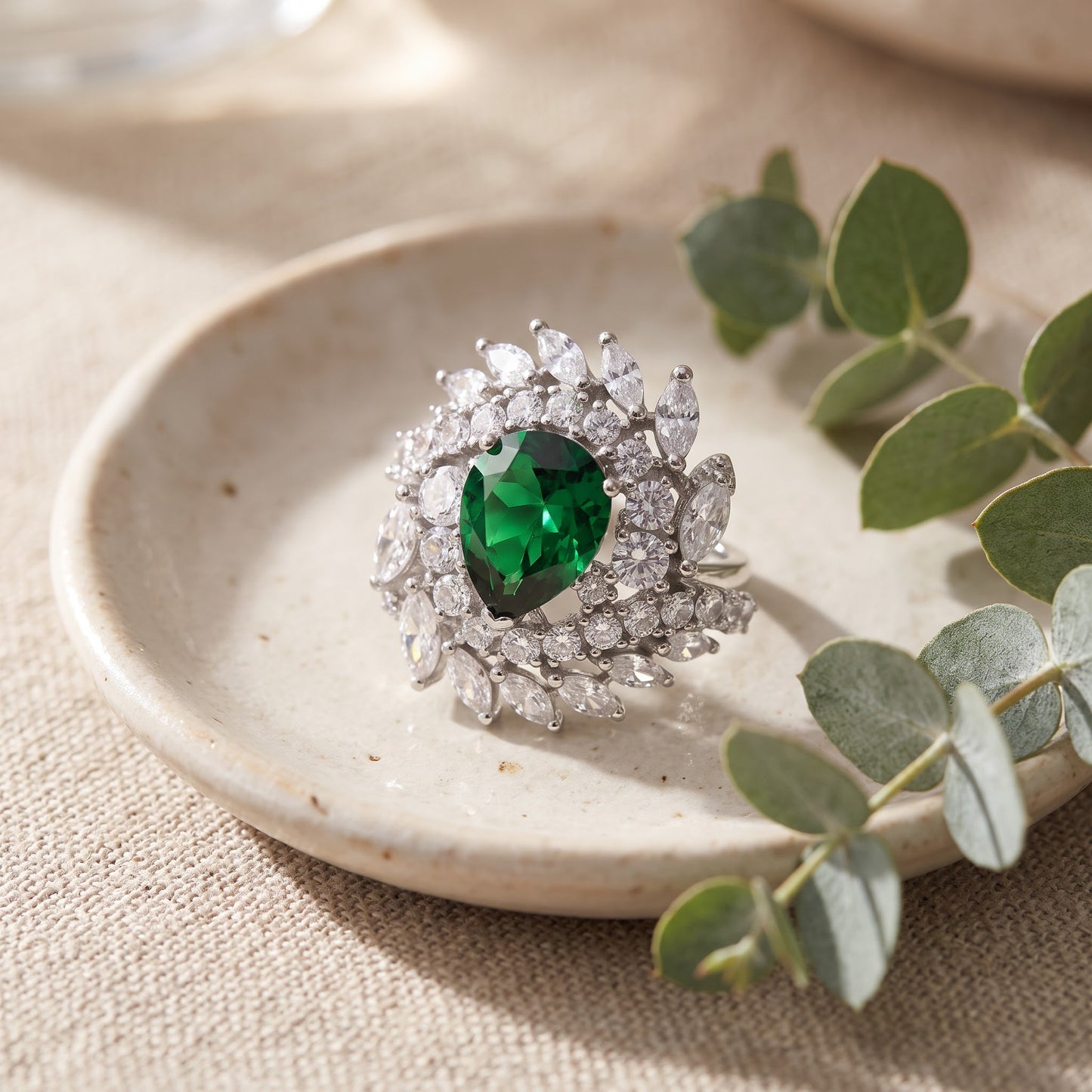 Sterling Silver Unique Emerald Pear Swirl CZ Ring for Women, Emerald Cubic Zirconia, Promise Ring Gift view 2