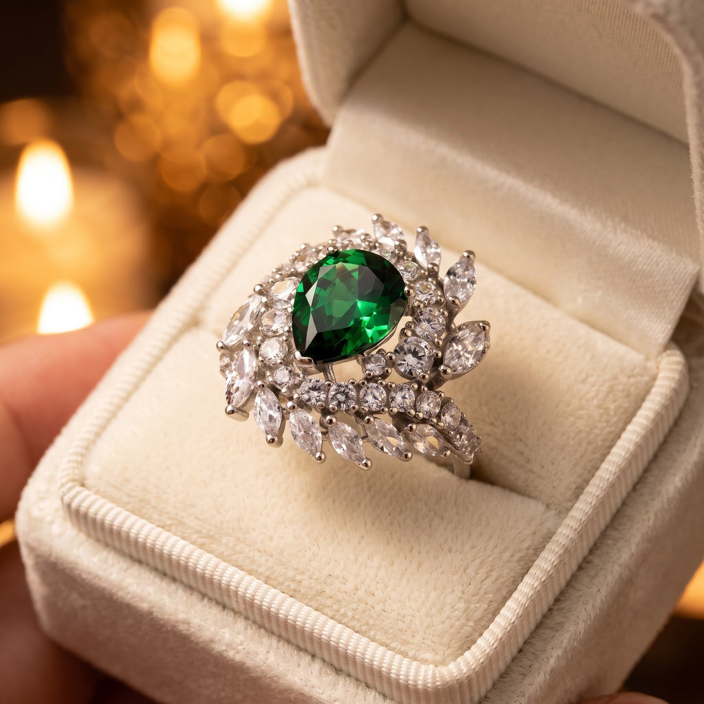 Sterling Silver Unique Emerald Pear Swirl CZ Ring for Women, Emerald Cubic Zirconia, Promise Ring Gift view 3
