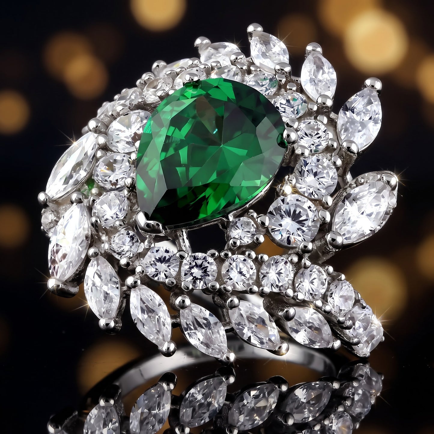 Sterling Silver Unique Emerald Pear Swirl CZ Ring for Women, Emerald Cubic Zirconia, Promise Ring Gift view 4