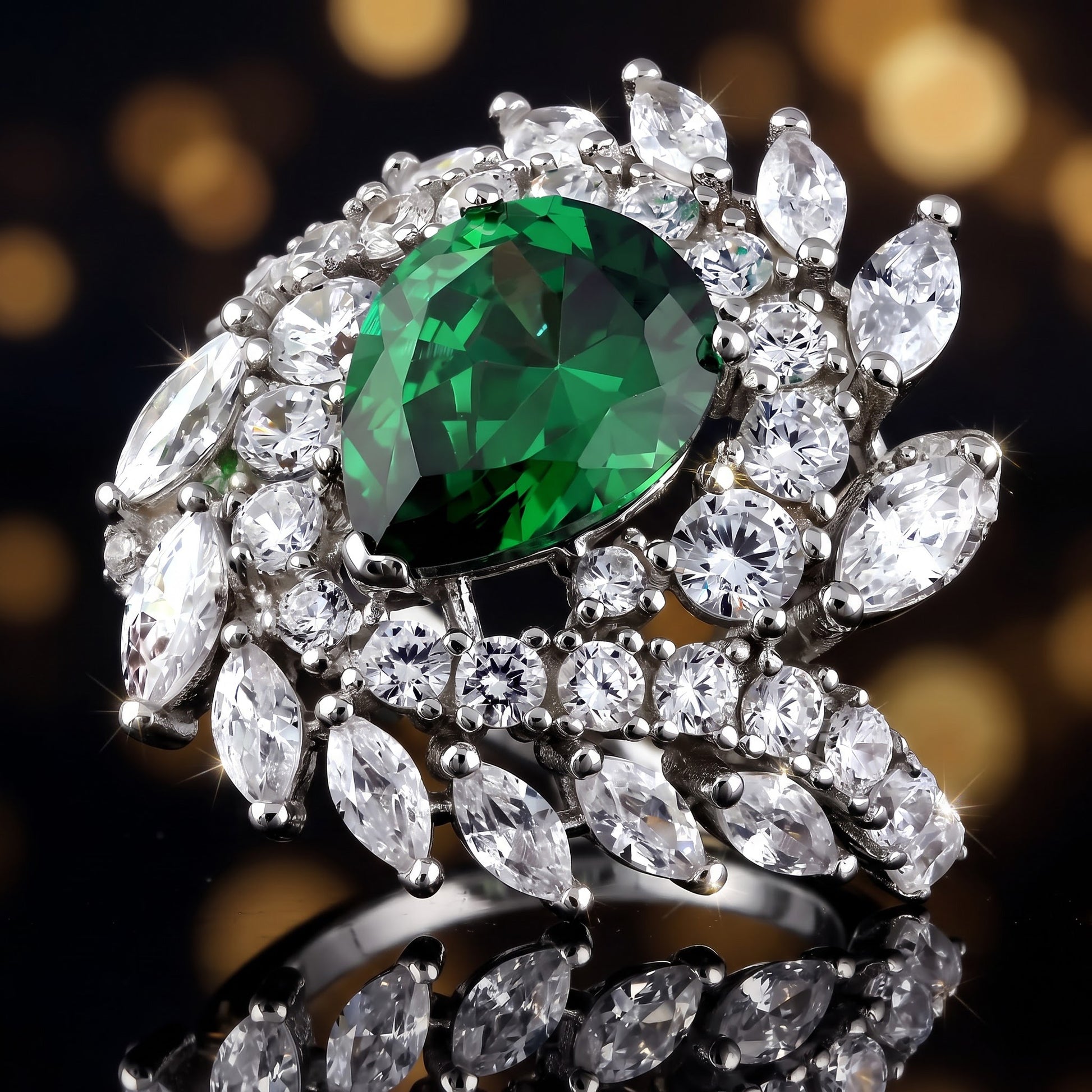 Sterling Silver Unique Emerald Pear Swirl CZ Ring for Women, Emerald Cubic Zirconia, Promise Ring Gift view 4