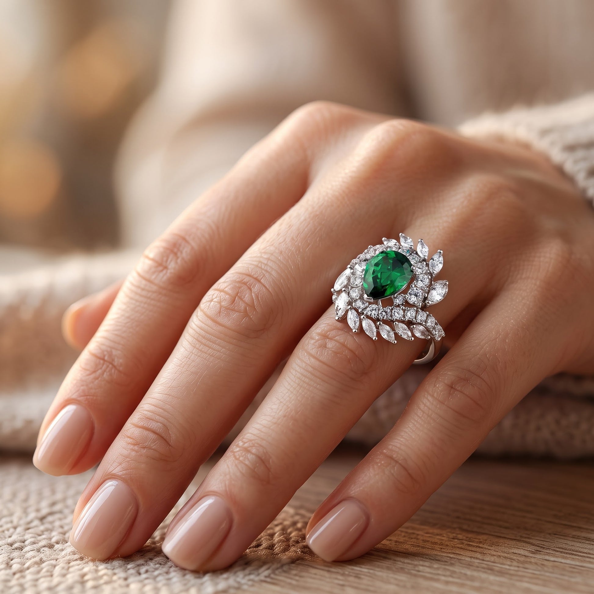 Sterling Silver Unique Emerald Pear Swirl CZ Ring for Women, Emerald Cubic Zirconia, Promise Ring Gift view 5