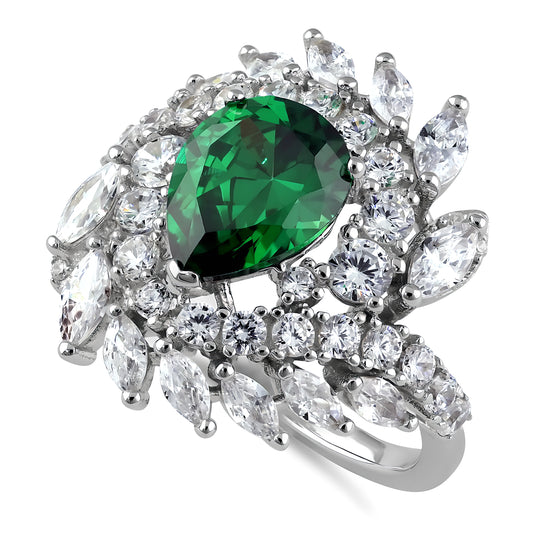Sterling Silver Unique Emerald Pear Swirl CZ Ring for Women, Emerald Cubic Zirconia, Promise Ring Gift