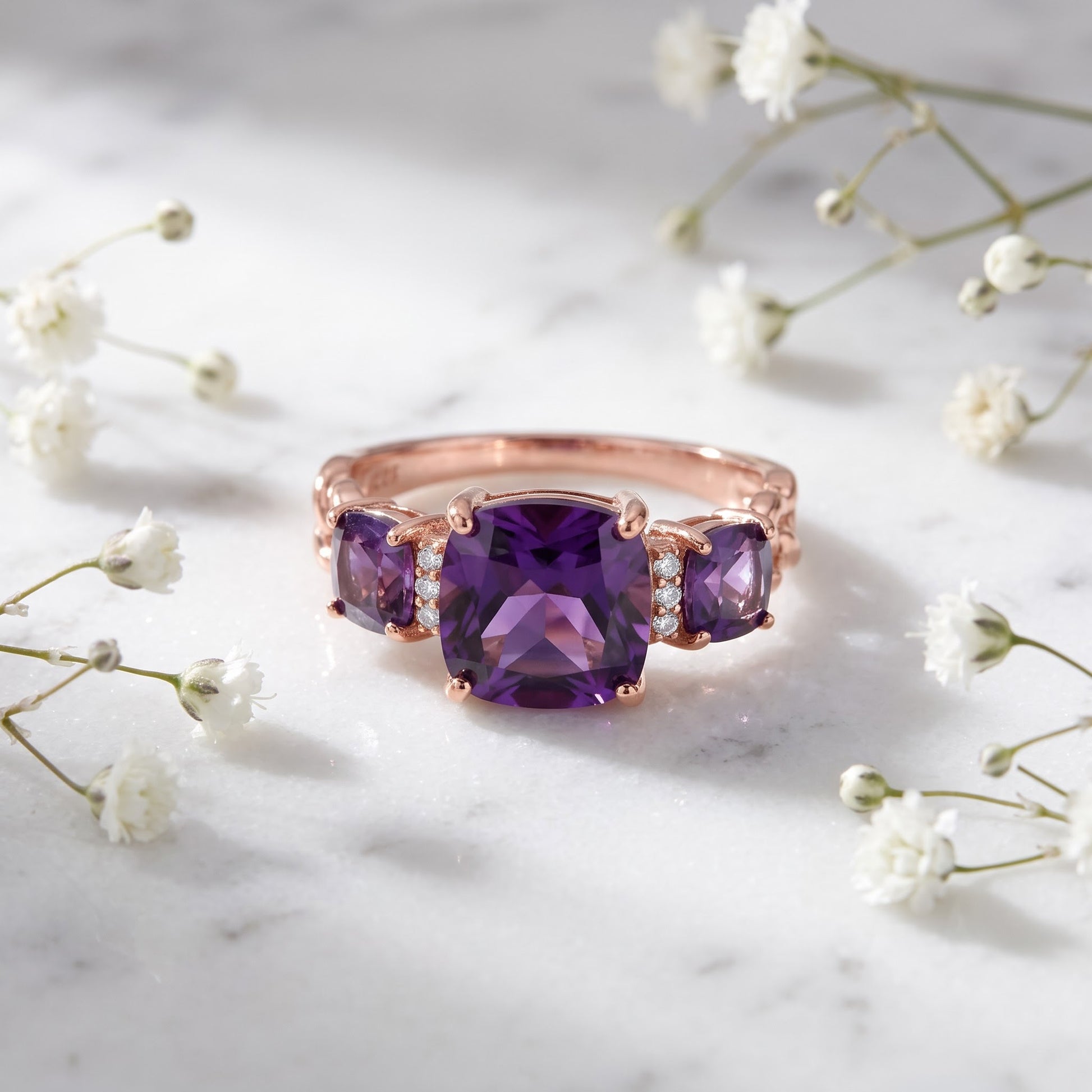 Sterling Silver Rose Gold Plated Cushion Amethyst CZ Ring for Women, Cushion Cubic Zirconia, Promise Ring Gift view 1