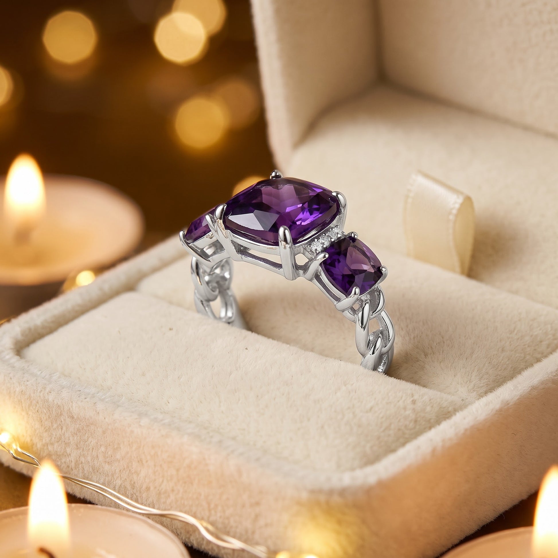 Sterling Silver Rose Gold Plated Cushion Amethyst CZ Ring for Women, Cushion Cubic Zirconia, Promise Ring Gift view 3