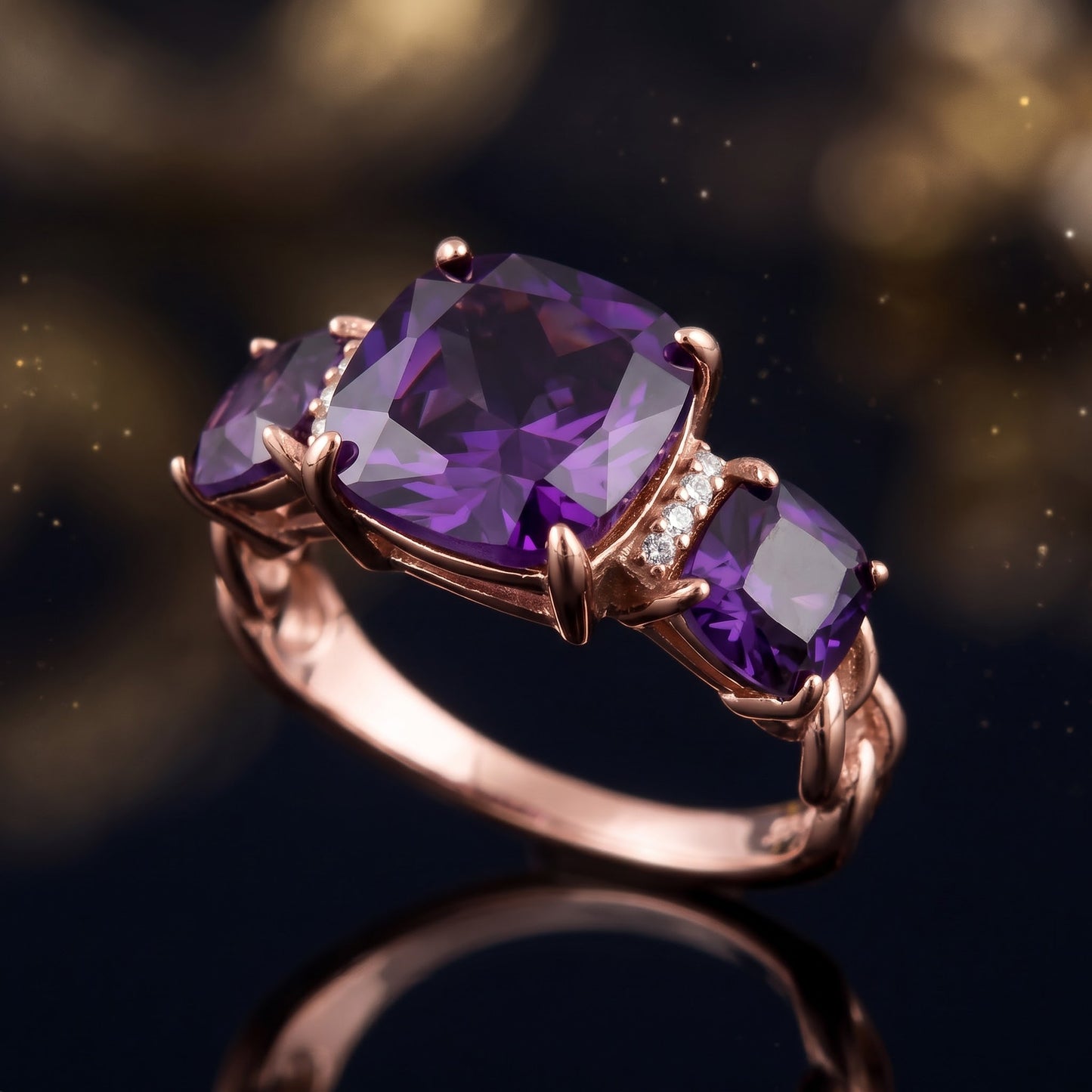 Sterling Silver Rose Gold Plated Cushion Amethyst CZ Ring for Women, Cushion Cubic Zirconia, Promise Ring Gift view 4