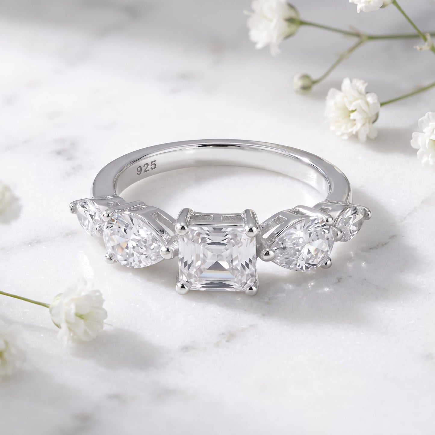 Sterling Silver Marquise Pear & Emerald Cut CZ Ring for Women, Marquise Cubic Zirconia, Promise Ring Gift view 1