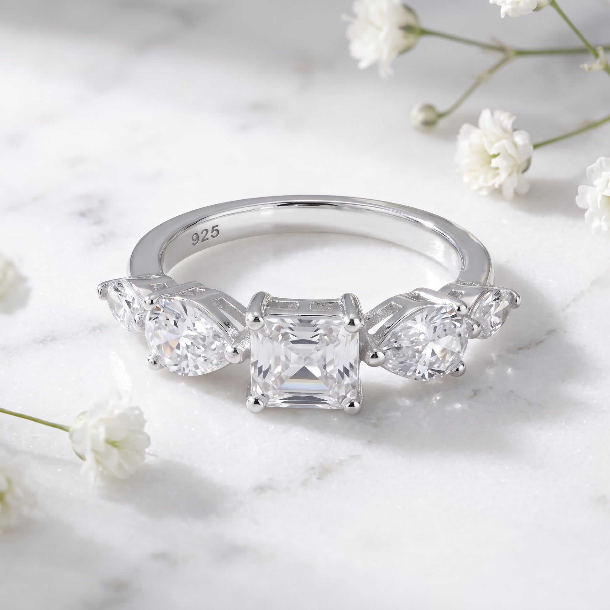 Sterling Silver Marquise Pear & Emerald Cut CZ Ring for Women, Marquise Cubic Zirconia, Promise Ring Gift view 1