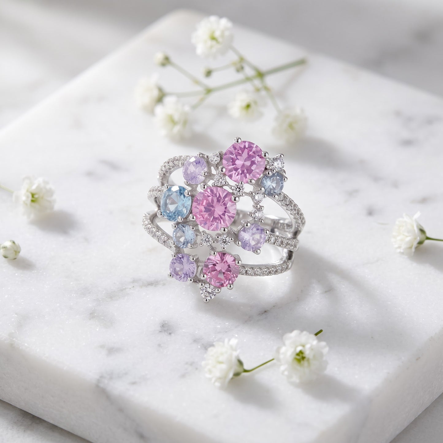 Sterling Silver Bulky Colorful Cluster CZ Ring for Women, Cubic Zirconia, Promise Ring Gift view 1
