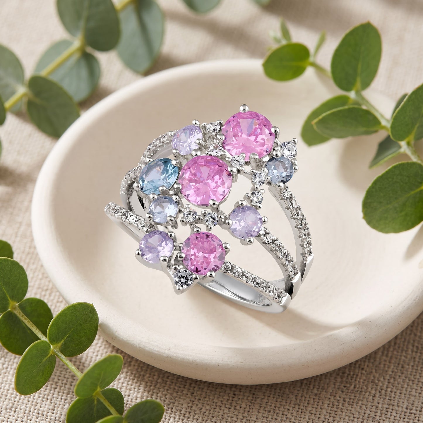 Sterling Silver Bulky Colorful Cluster CZ Ring for Women, Cubic Zirconia, Promise Ring Gift view 2