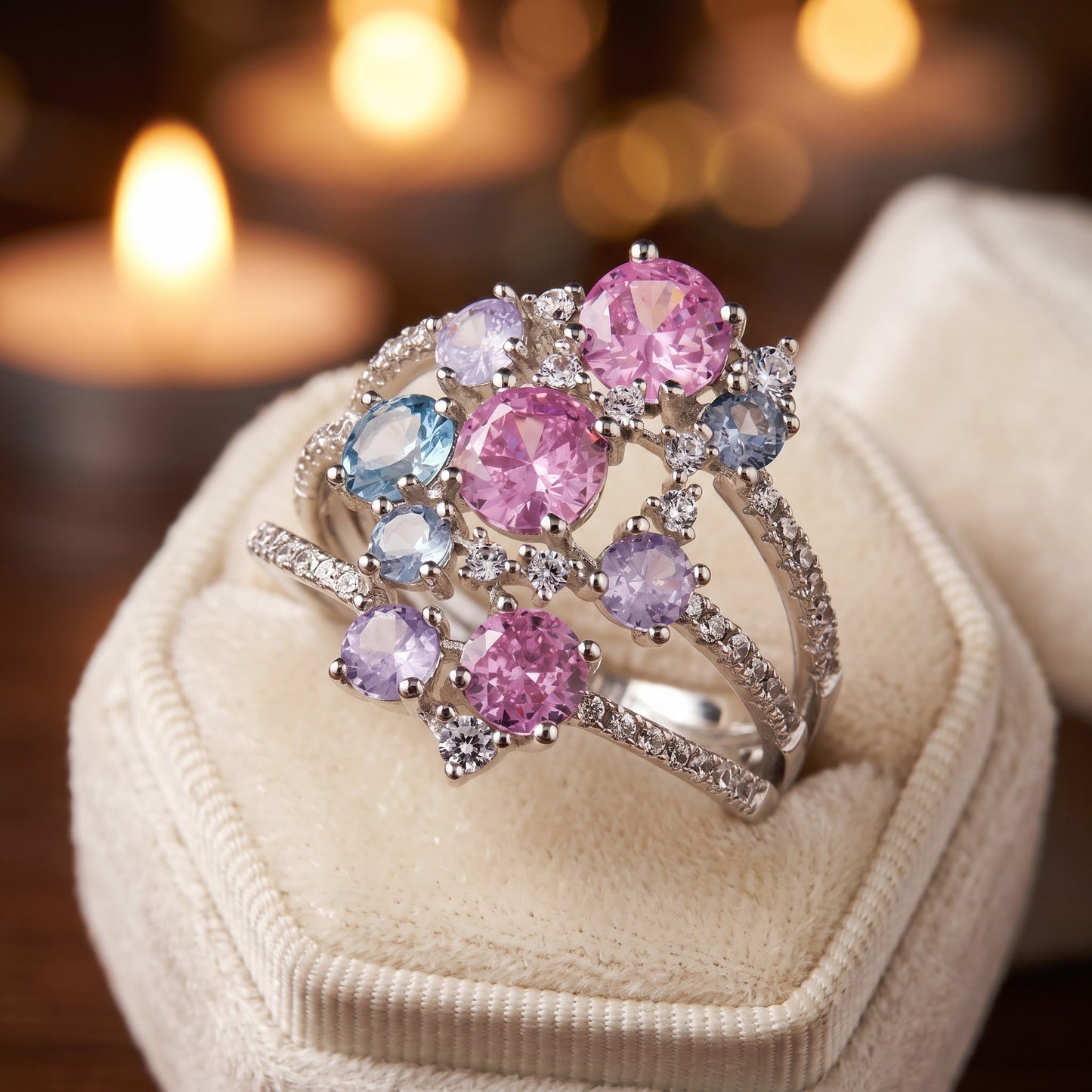 Sterling Silver Bulky Colorful Cluster CZ Ring for Women, Cubic Zirconia, Promise Ring Gift view 3