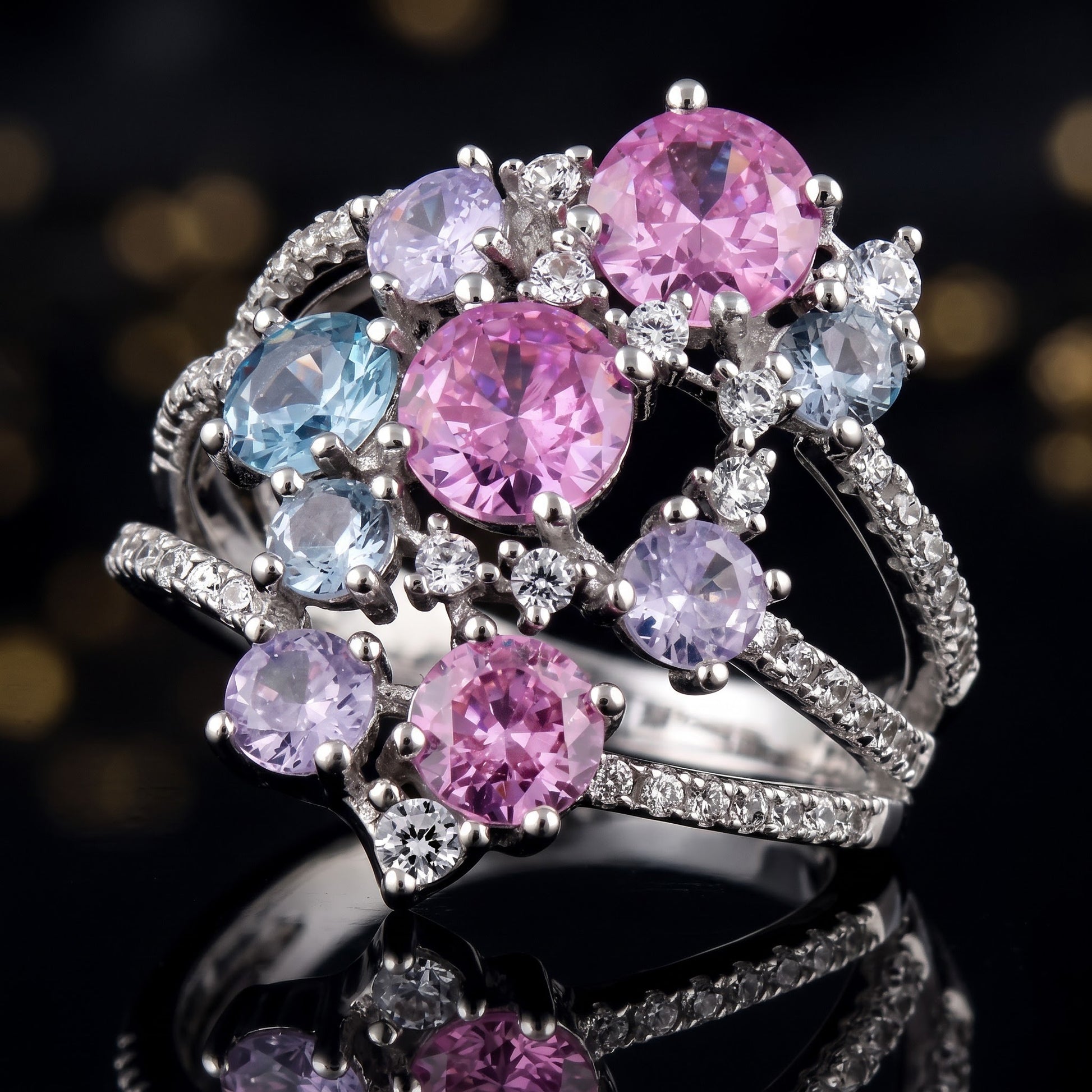 Sterling Silver Bulky Colorful Cluster CZ Ring for Women, Cubic Zirconia, Promise Ring Gift view 4